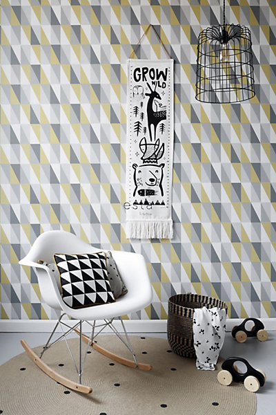 ESTAhome papier peint triangles graphiques jaune ocre et gris 53 cm x 10.05 m