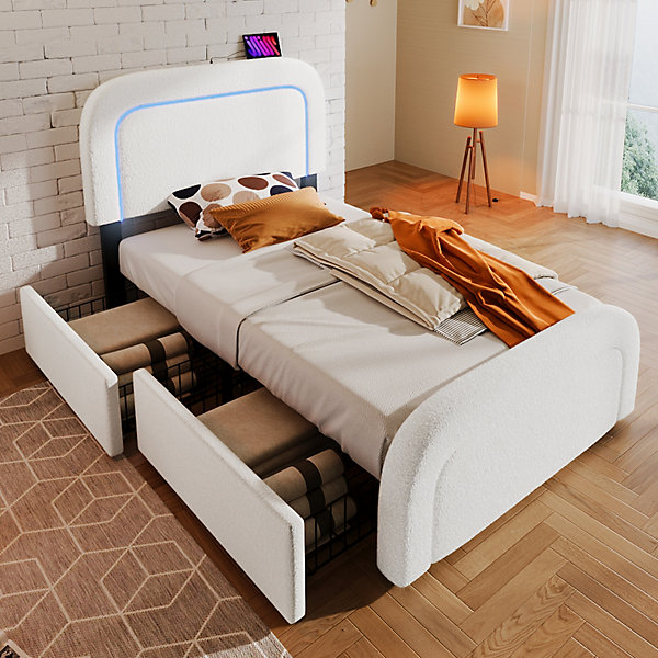 Lit avec rangement 90x200 cm - Lit simple rembourré avec 2 tiroirs et USB Type-C - Sherpa - Sans Matelas - Blanc