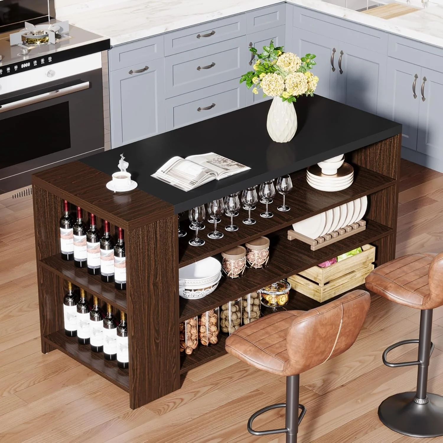 55 Wood Kitchen Island with Storage, 5-Tier Stationary Island Table with 5 Shelves