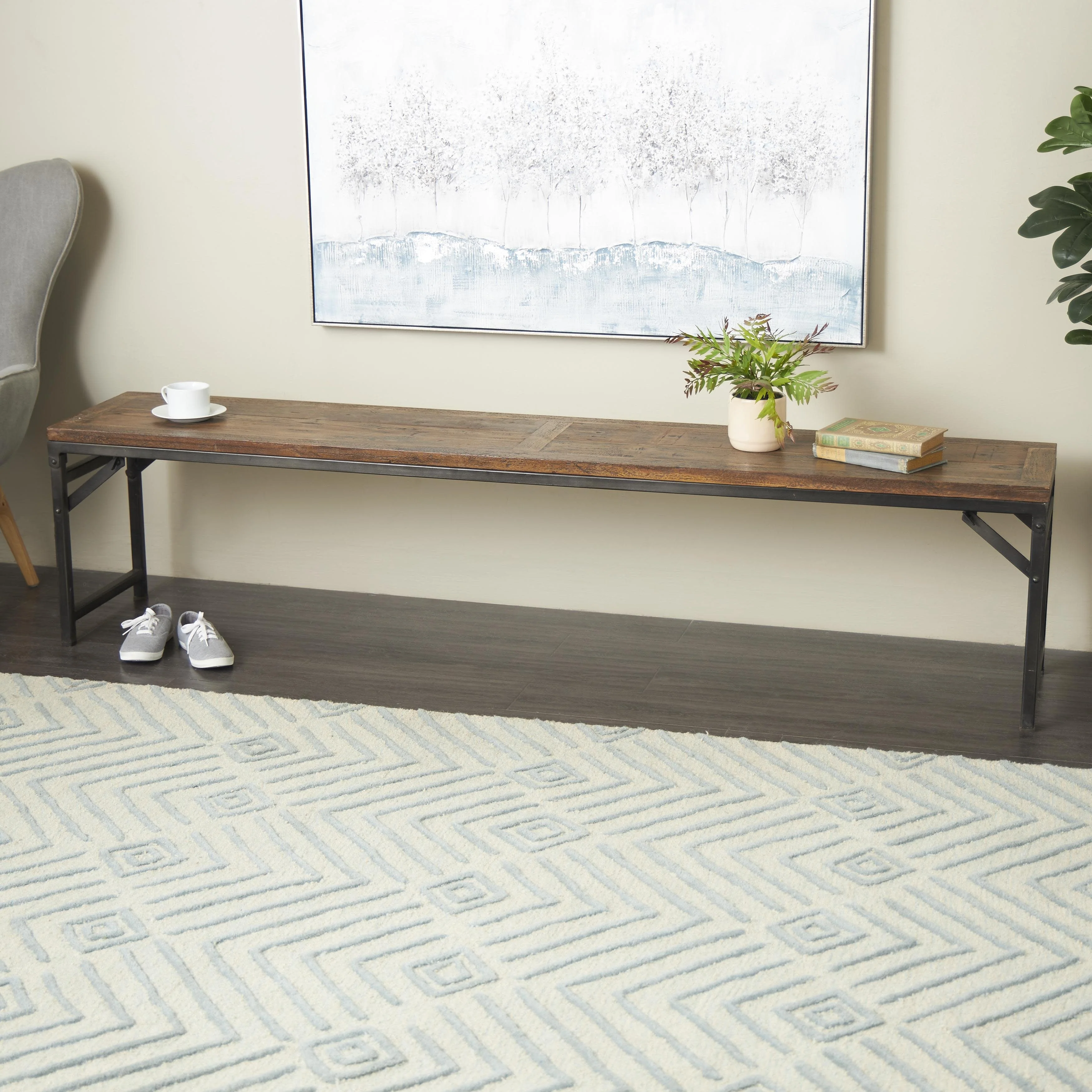 Teak Wood Long Home Bench with Black Metal Legs - Dark Brown - Roche River Decor