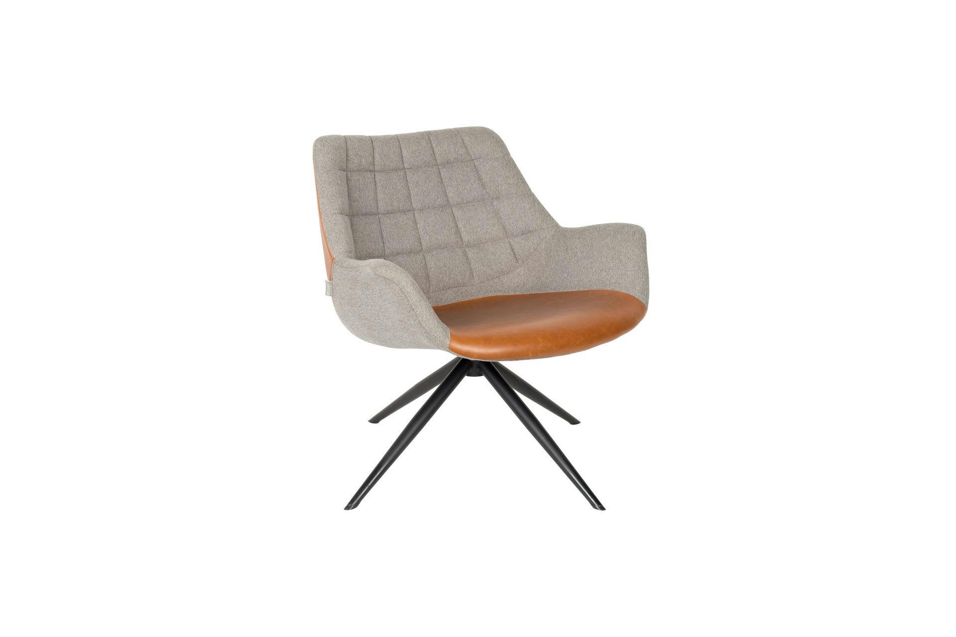 NIKKI - Fauteuil lounge en cuir marron et tissu gris