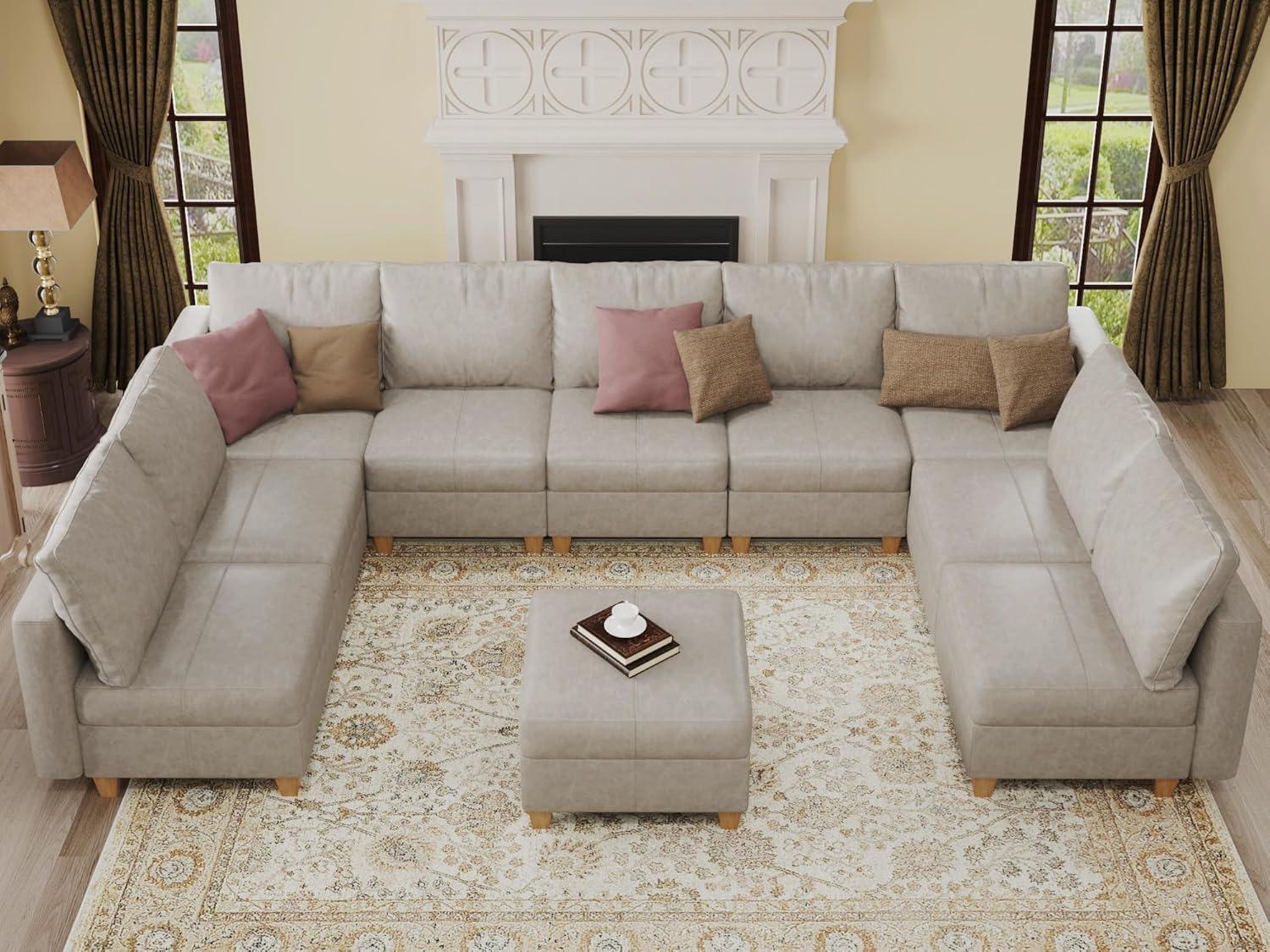EASE MOOSE Modular Couch U Shaped Oversized Sofa, Faux Leather Sectional Sofa with Storage Seat,White