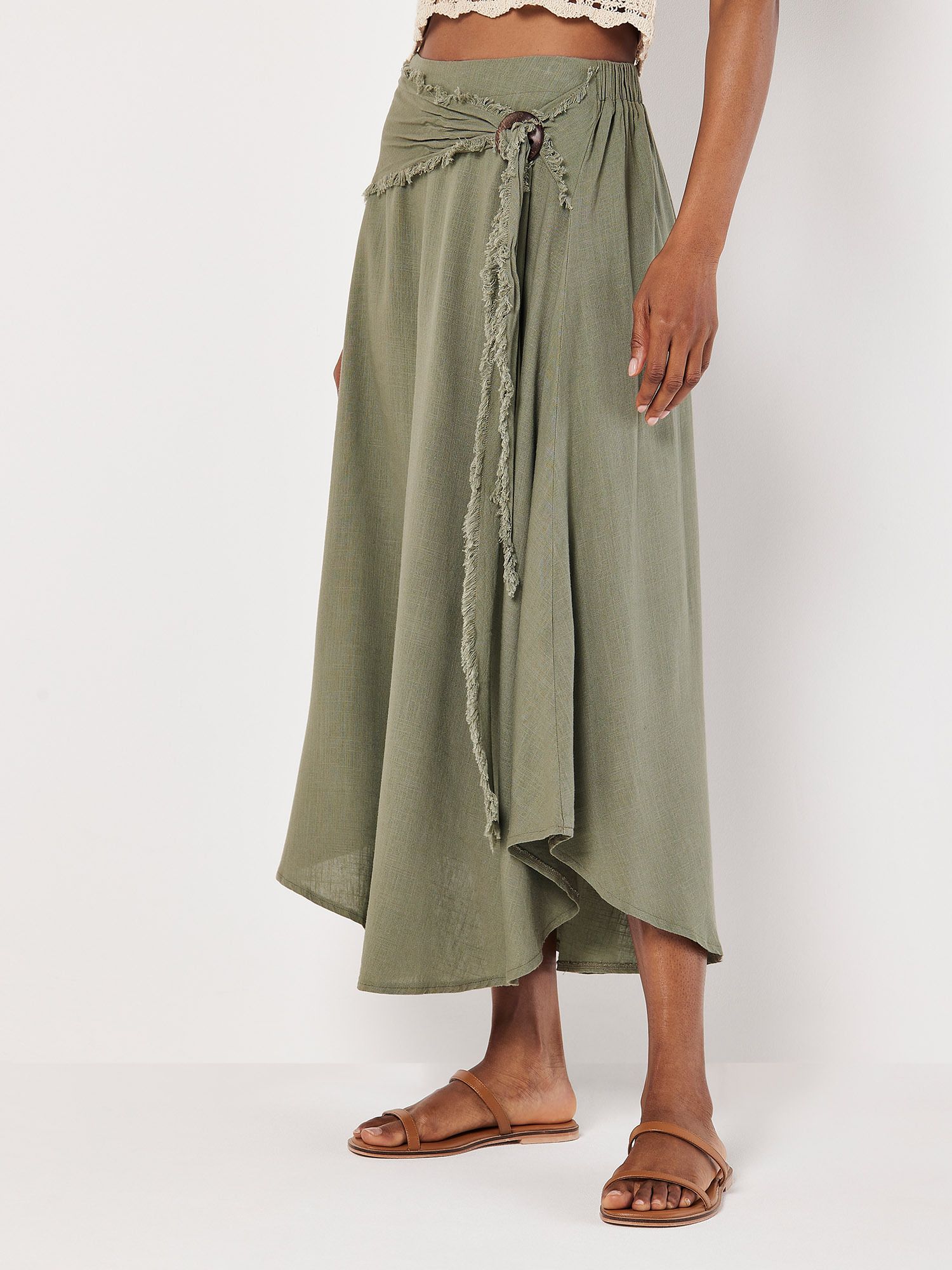 Apricot Linen Blend Hanky Hem Midi Skirt