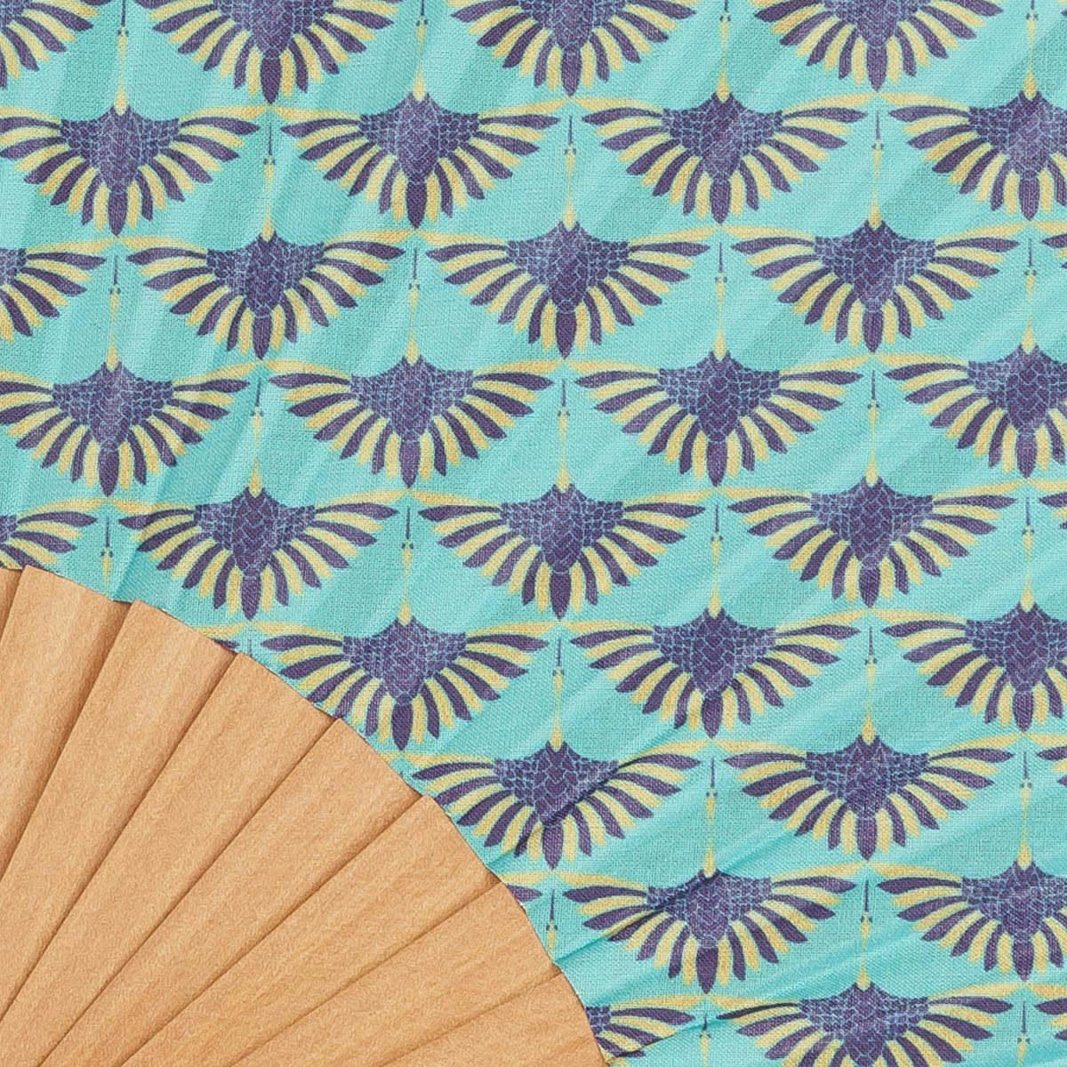 BLESS - Éventail en bois de merisier et coton motif turquoise