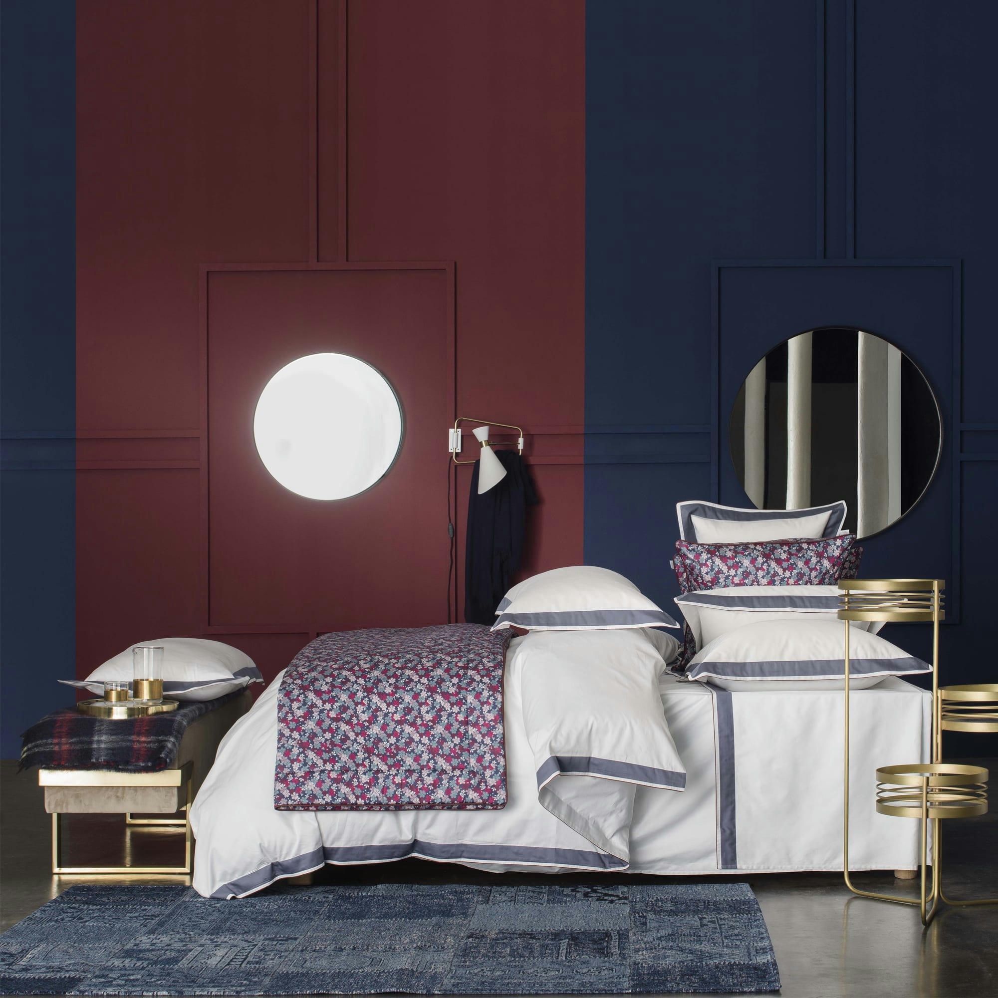 MARCEAU - Housse de couette en satin de coton blanc neige/bleu marine 260x240