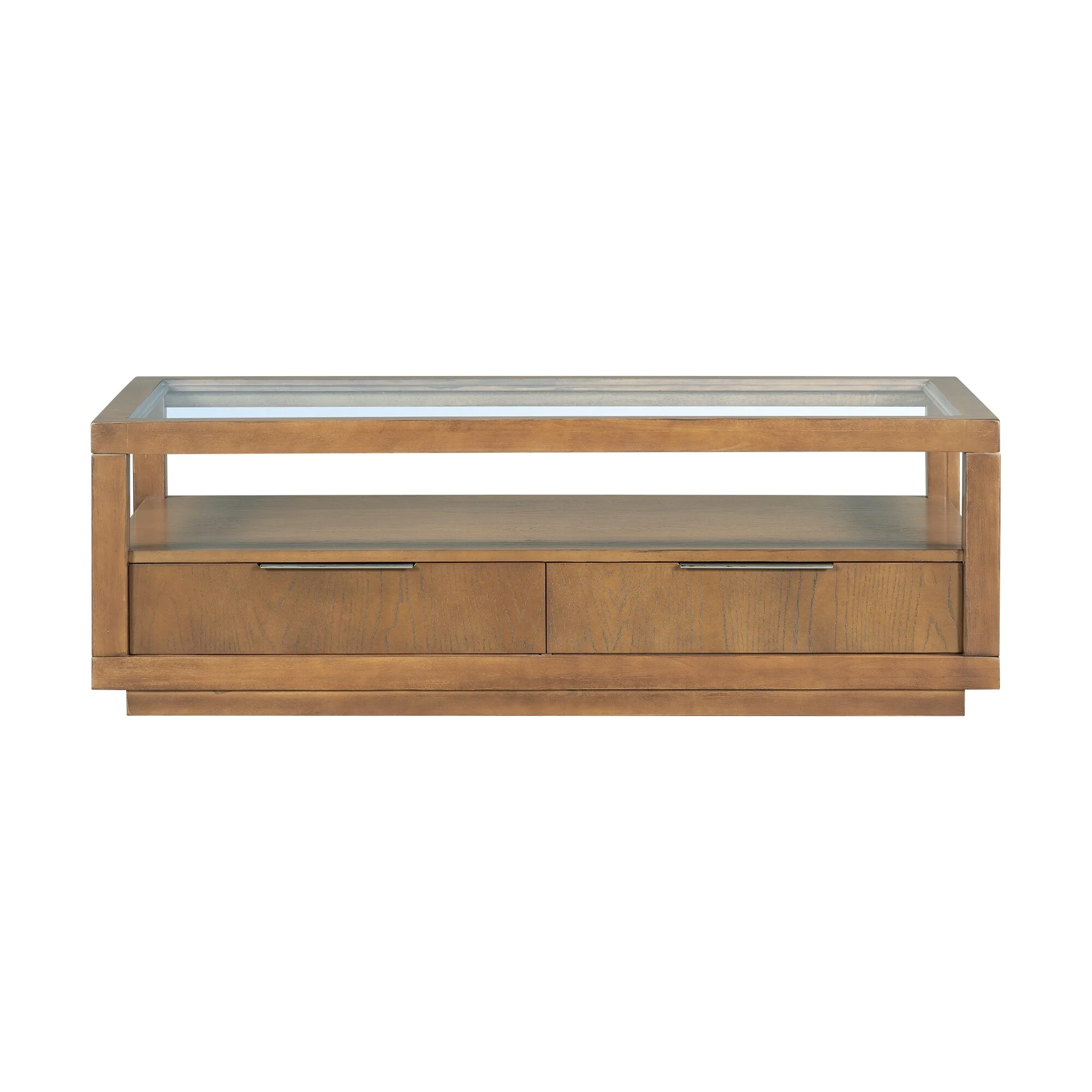 Modern Wood Coffee Table with 2 Drawers, Transparent Tempered Glass - 52'' D x 26 W x 17.2 H