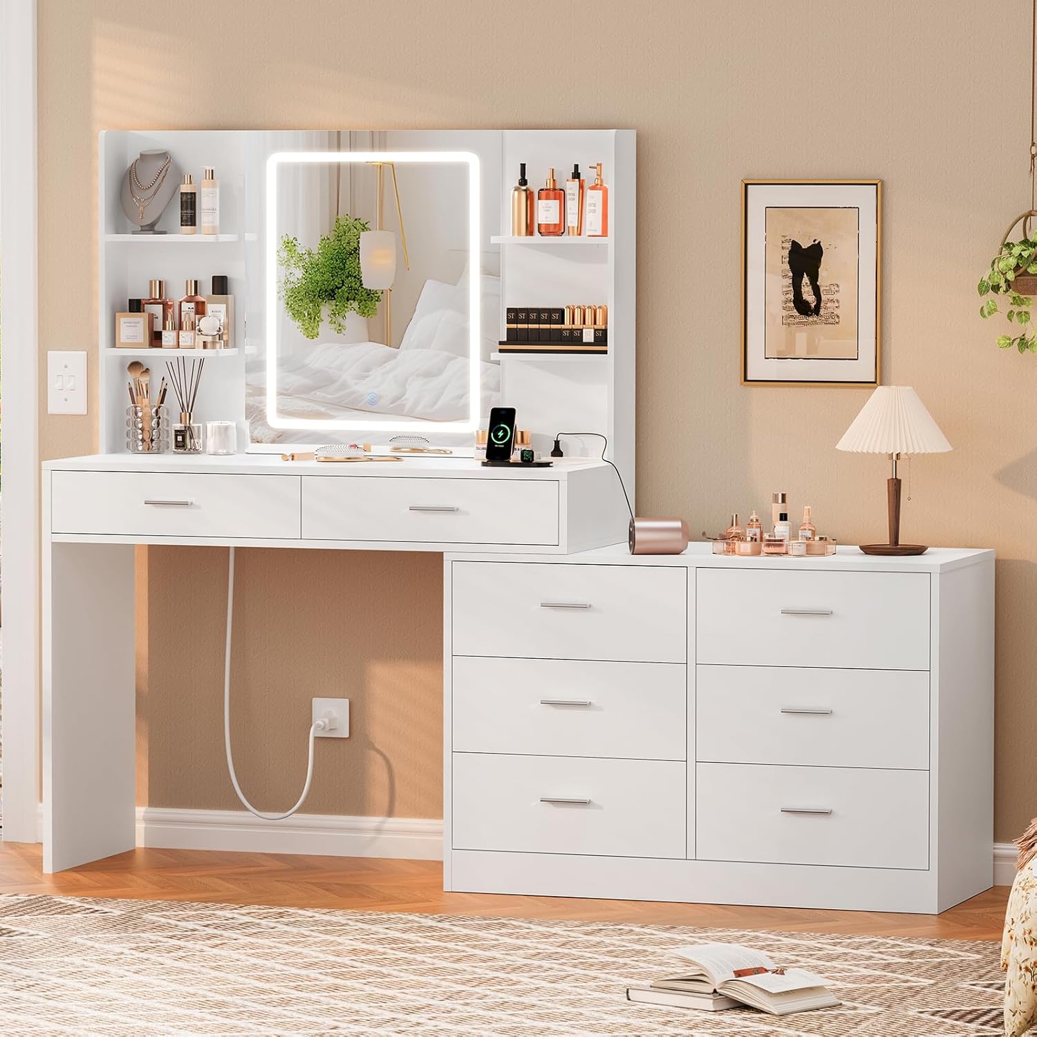 Vanity Desk with LED Light Mirror & Power Outlet, 8 Drawers, 6 Storage Shelves, 3 Color Modes & Adjustable Brightness Makeup Vanity, Corner Vanity, L Shape Vanity, 39.4”-64.9 Desk, White