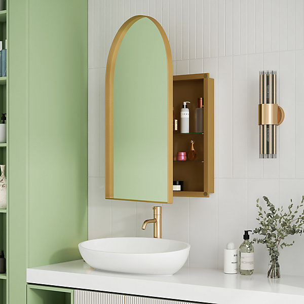 Armoire à miroir cintrée dorée avec cadre métal, armoire murale à étagères réglables, rangement salle de bain, salon ou chambre