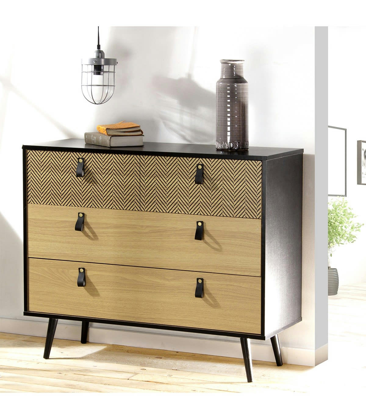 CHELSEA - Commode 3 tiroirs motifs chevron - marron