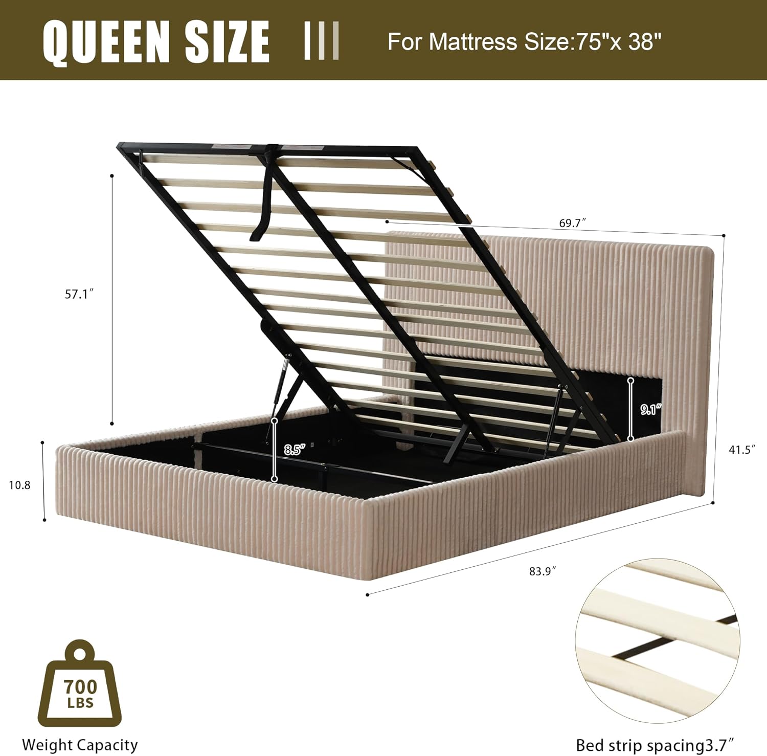 YUHUASHI Queen Size Storage Bed Frame, Vertical Striped headboard with Delicate Velvet Fabric, Hydraulic Lift for Storage, no Box Spring Needed, no Noise (Beige, Queen (U.S. Standard))