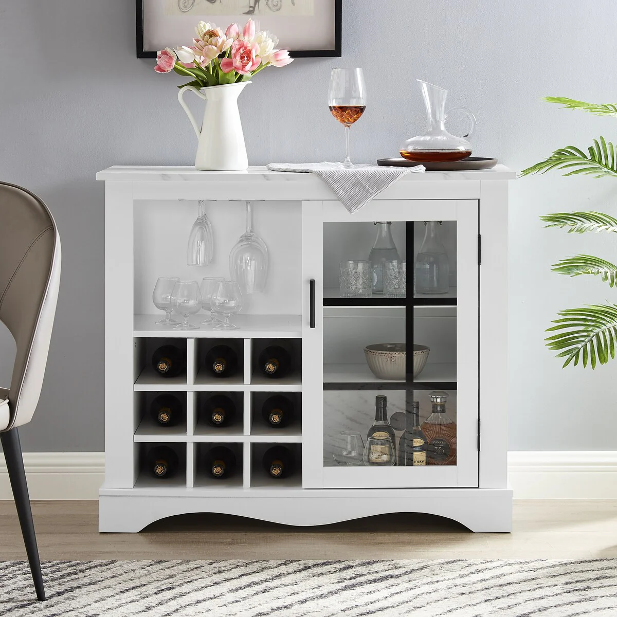 39 in. Wood Buffet Bar Cabinet with Glass Door with Marbling Pattern Countertop