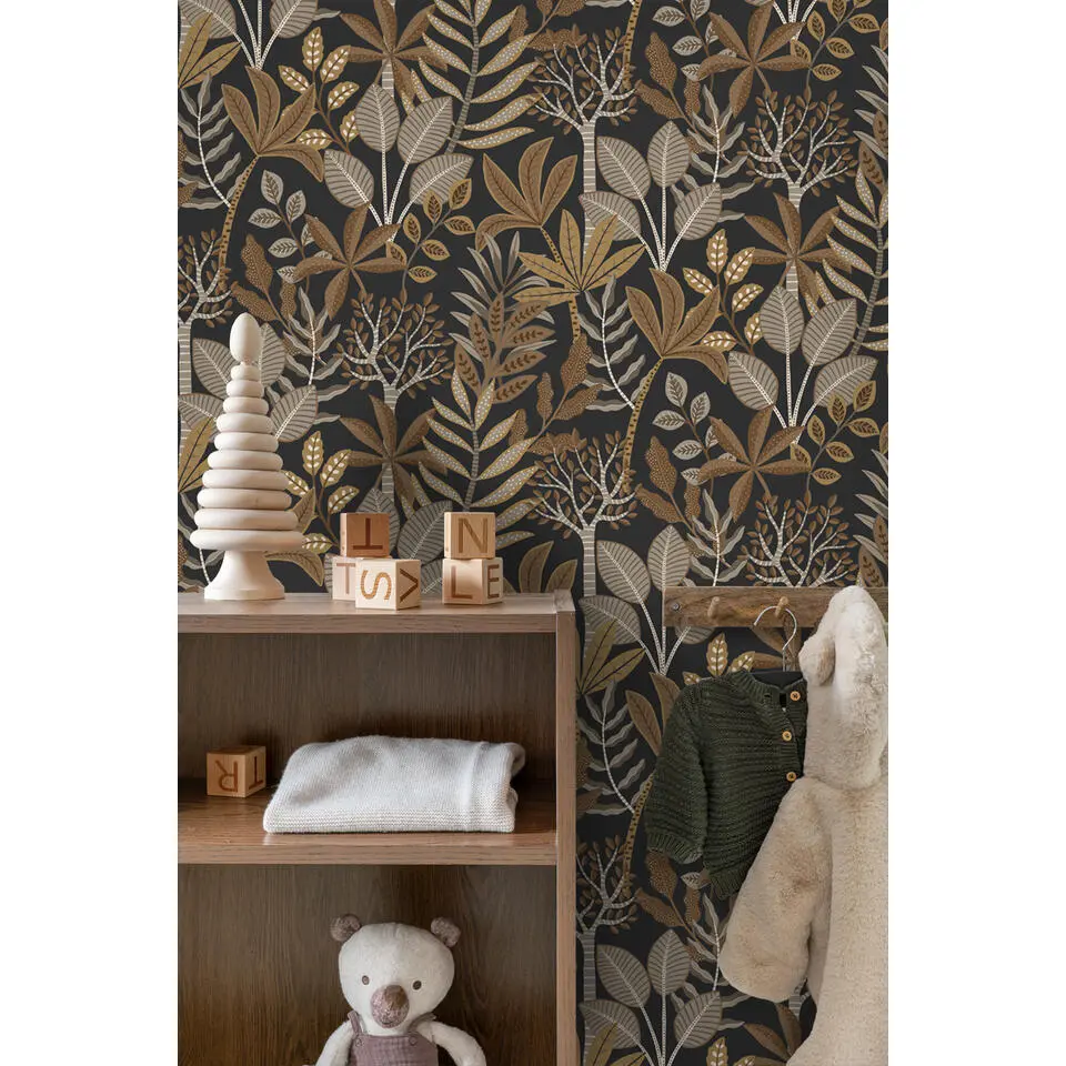 ESTAhome behang bladeren zwart, bruin en beige - 50 x 900 cm