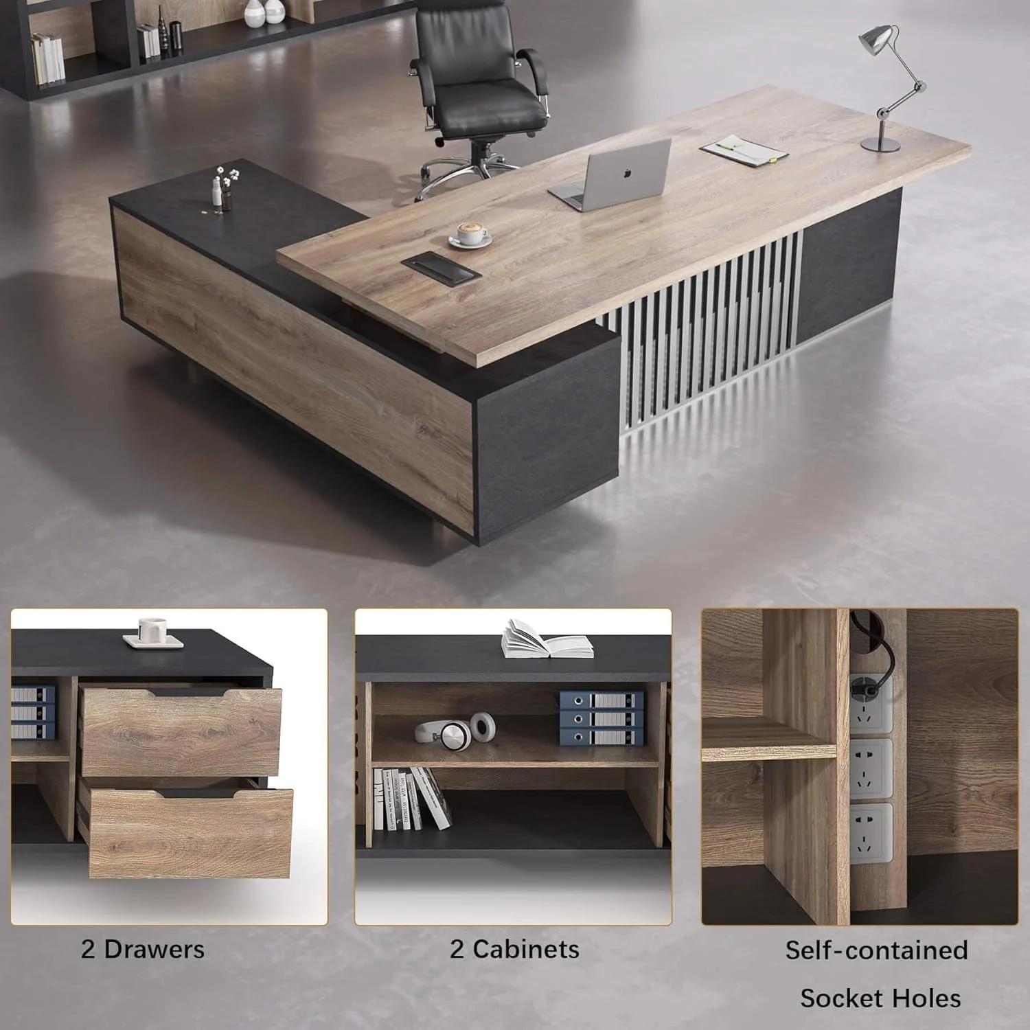 Large L-Shaped Executive Desk with Drawers Cabinet Cable Management