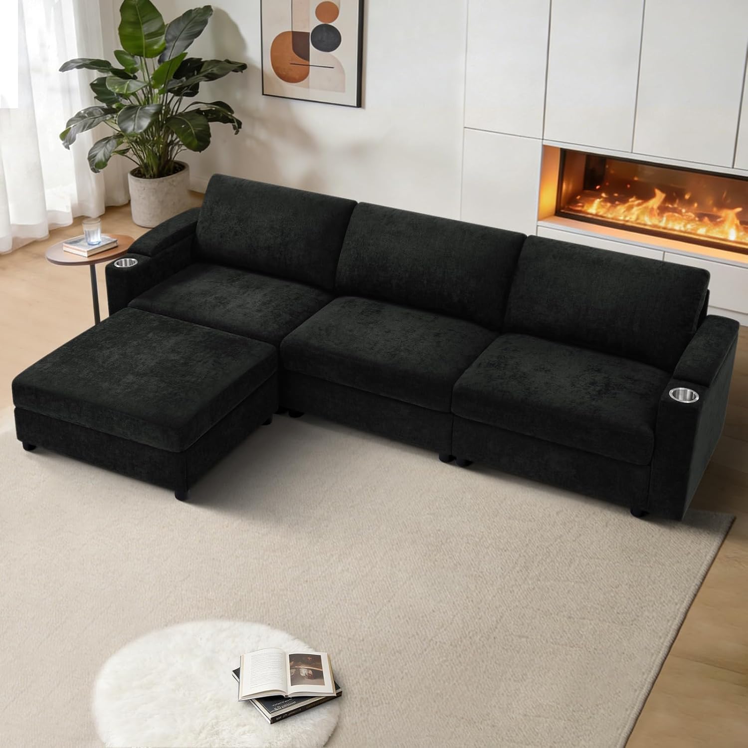 108'' Chenille Sectional Couch with Storage Armrests,L Shaped Upholstered Sofa with Movable Ottoman, 4-Seat Modular Couch with Cup Holders for Living Room, Black