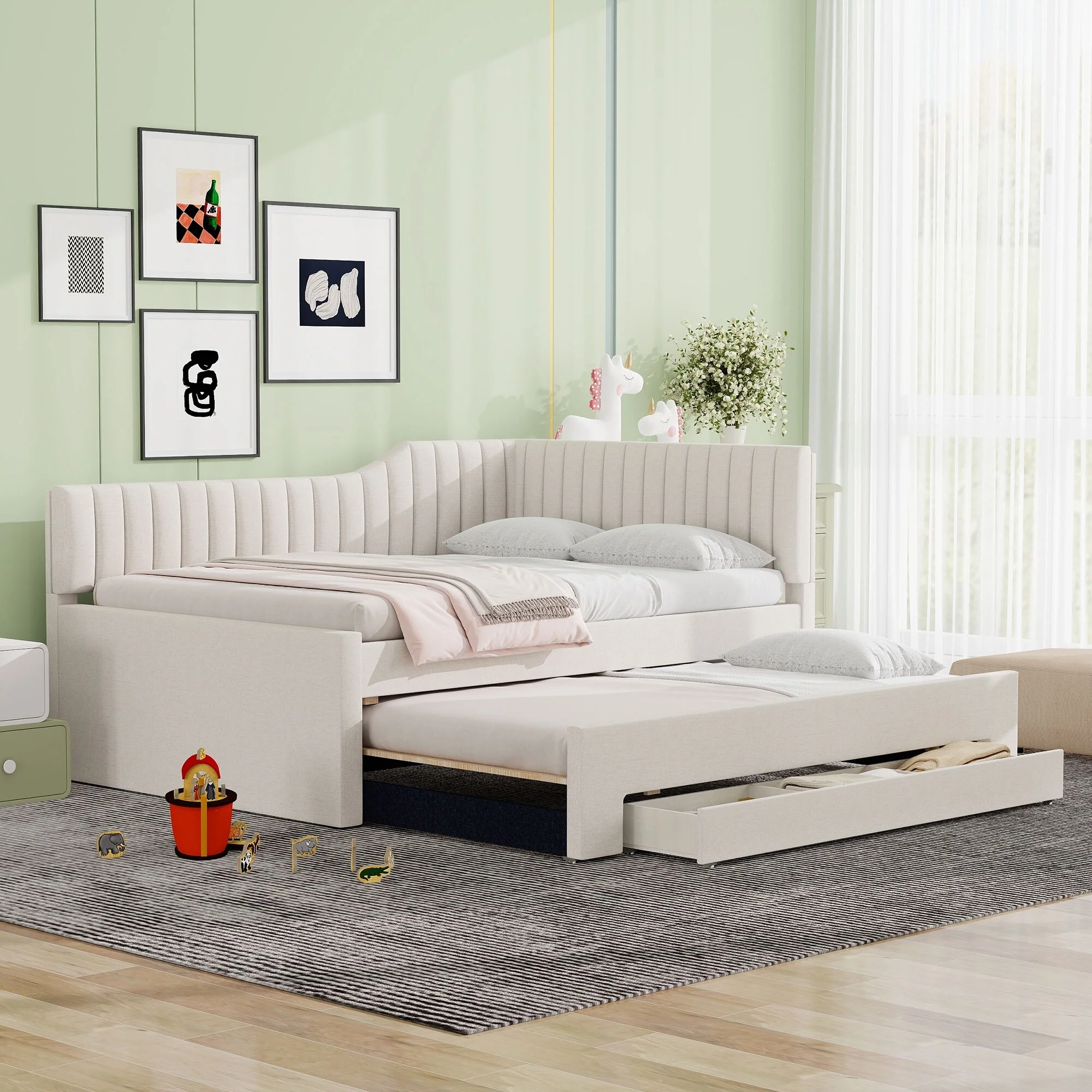 Daybed Captain Bed Upholstered Bed with Trundle and 3 Drawers, Elegance Stripe Design L-Shaped Upholstered Daybed Platform Bed