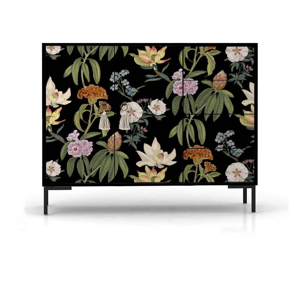 Laag dressoir met 2 deuren en 4 laden van MDF met zwart bloemenpatroon