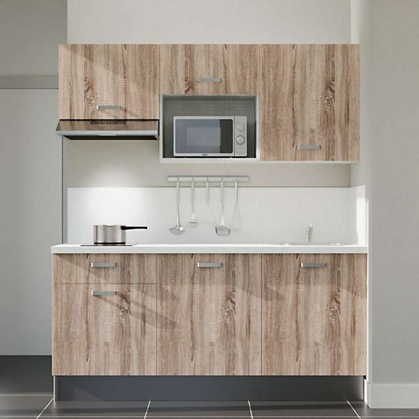 Kitchenette K30 façades Bois - Plan de travail Blanc - Crédences : Oui - Evier inox - Electroménager Inox inclus