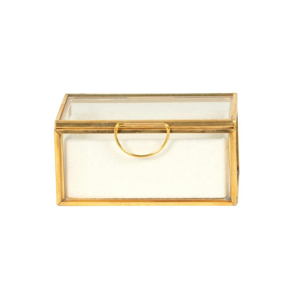 - Boîte à bijoux en verre transparent, doré et tissu écru