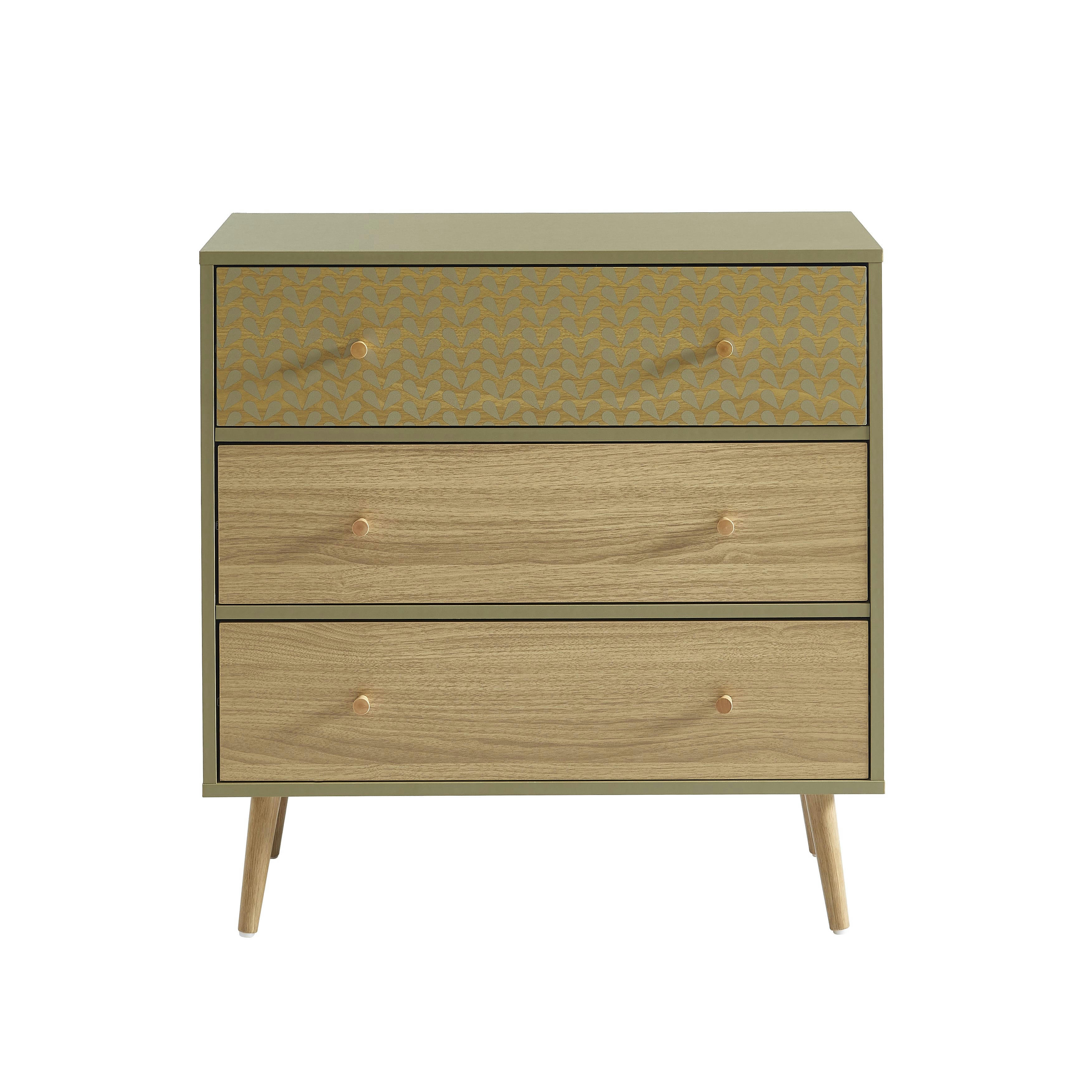 CAPUCINE - Commode  vert olive et effet bois et chêne 3 tiroirs 78cm