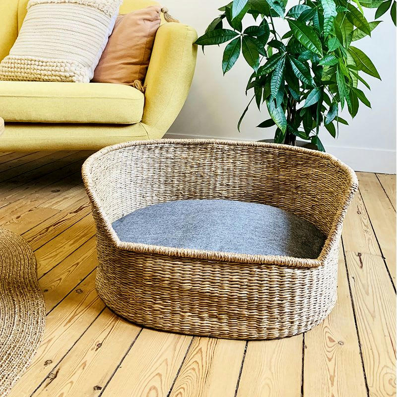 ATLAS - Panier ovale pour chien et chat en jonc de mer coussin gris