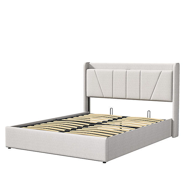 Lit capitonné 160x200cm, lit coffre avec 2 USB 1 interface type-c, Rangement sous le lit,Beige
