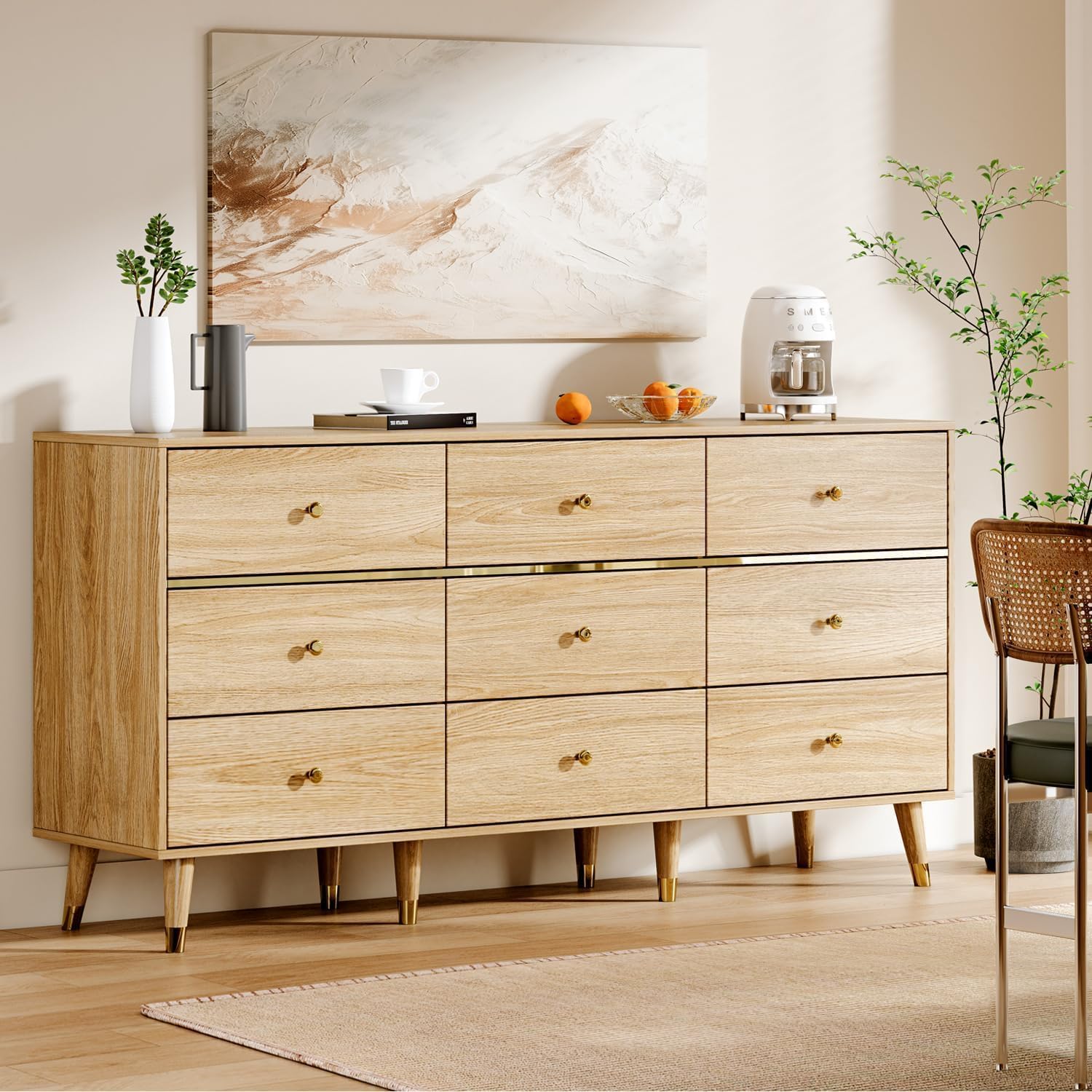 9 Drawer Dresser,63 Wide Mid Century Modern Chest of Drawers,Wooden Bedroom Drawer Dresser with 9 Storage Drawers for Bedroom, Living Room,with Anti-Tipping Device,Natural
