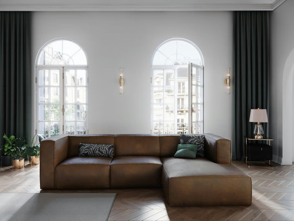 MUSE - Canapé d'angle 5 places en cuir marron foncé