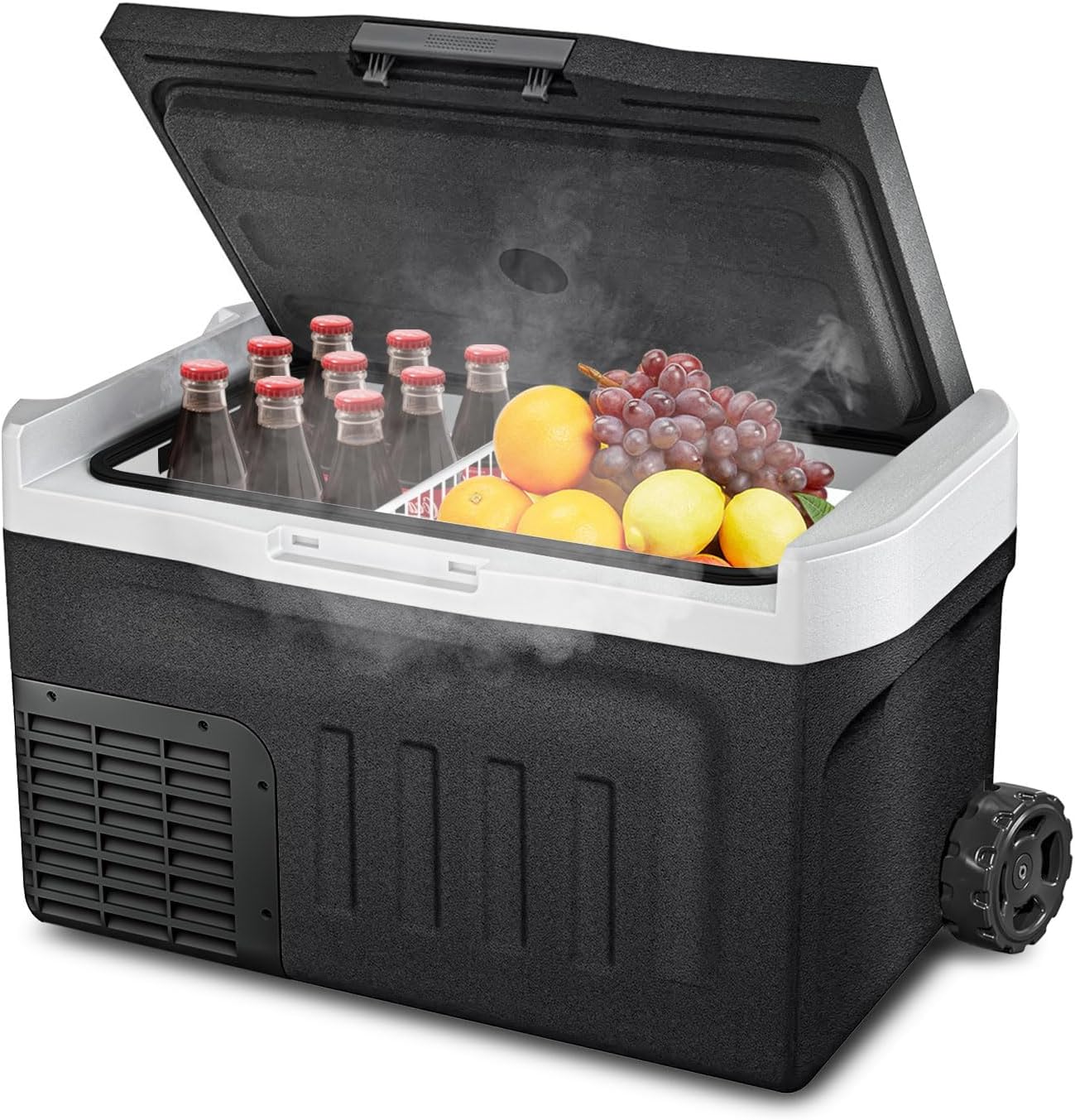 Erivess 12 Volt Portable Refrigerator, 32QT(30L) Electric Cooler, 12/24V DC & 110-240V AC, -4℉~68℉ Dual Mode Portable Freezer, 12V Car Fridge with Pull Rod & Wheels for Camping, Truck, RV, Boat