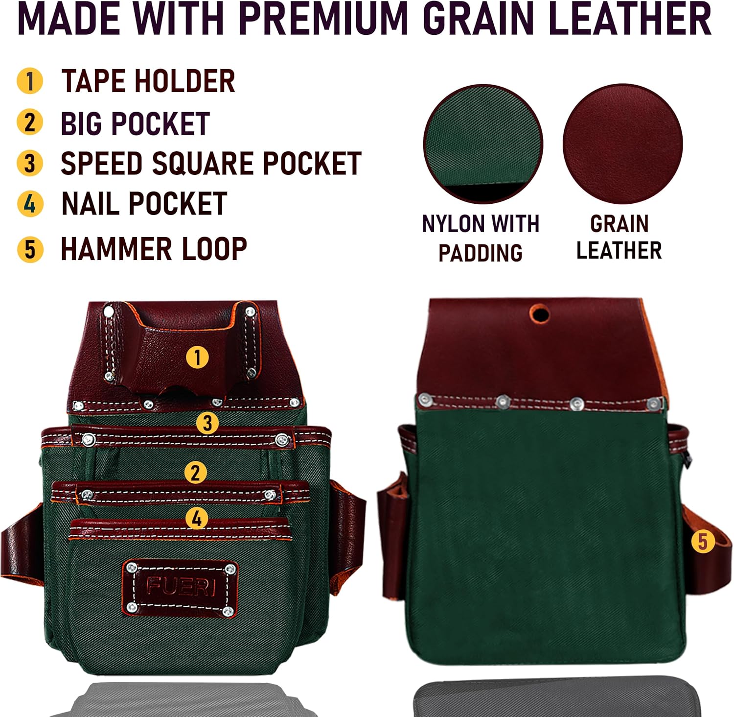 FUERI Electrician's Heavy Duty 26 Pocket Leather-Nylon Tool Belt & Suspender Combo, Comfort Back Support Padded Belt, 2 Large Storage Capacity Pouches, Best for Framers, Carpenter, Roofing