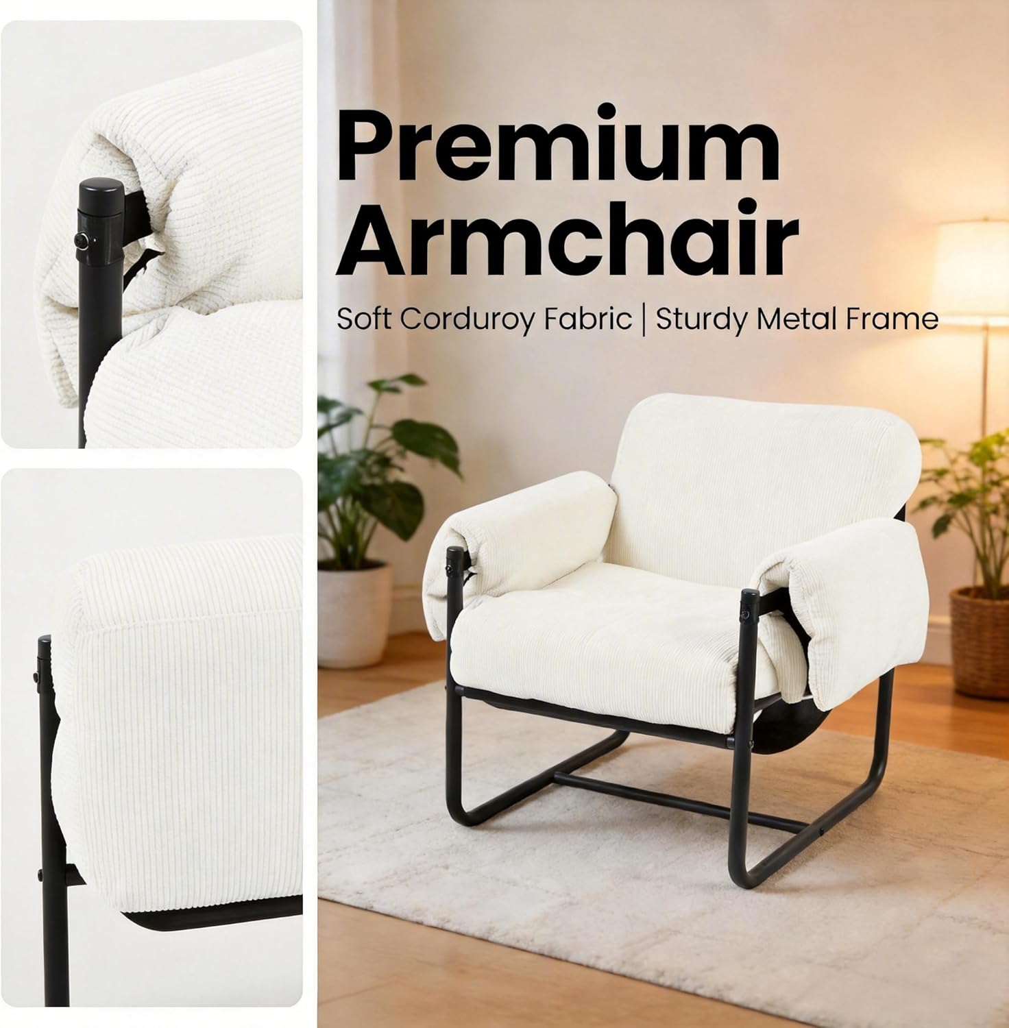 Kinfant Mid Century Modern Accent Chair, Chunky Upholstered Armchair with Metal Frame, Oversized Lounge Chair for Living Room Bedroom Small Spaces, Textured Chenille Fabric, Beige