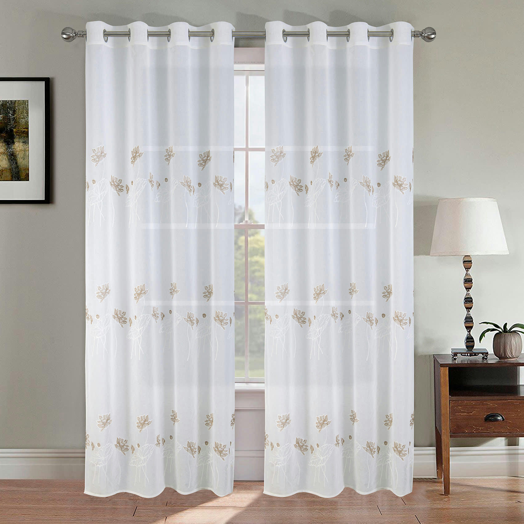 - Paire de voilage fleurie et plombée polyester taupe 140x260 cm