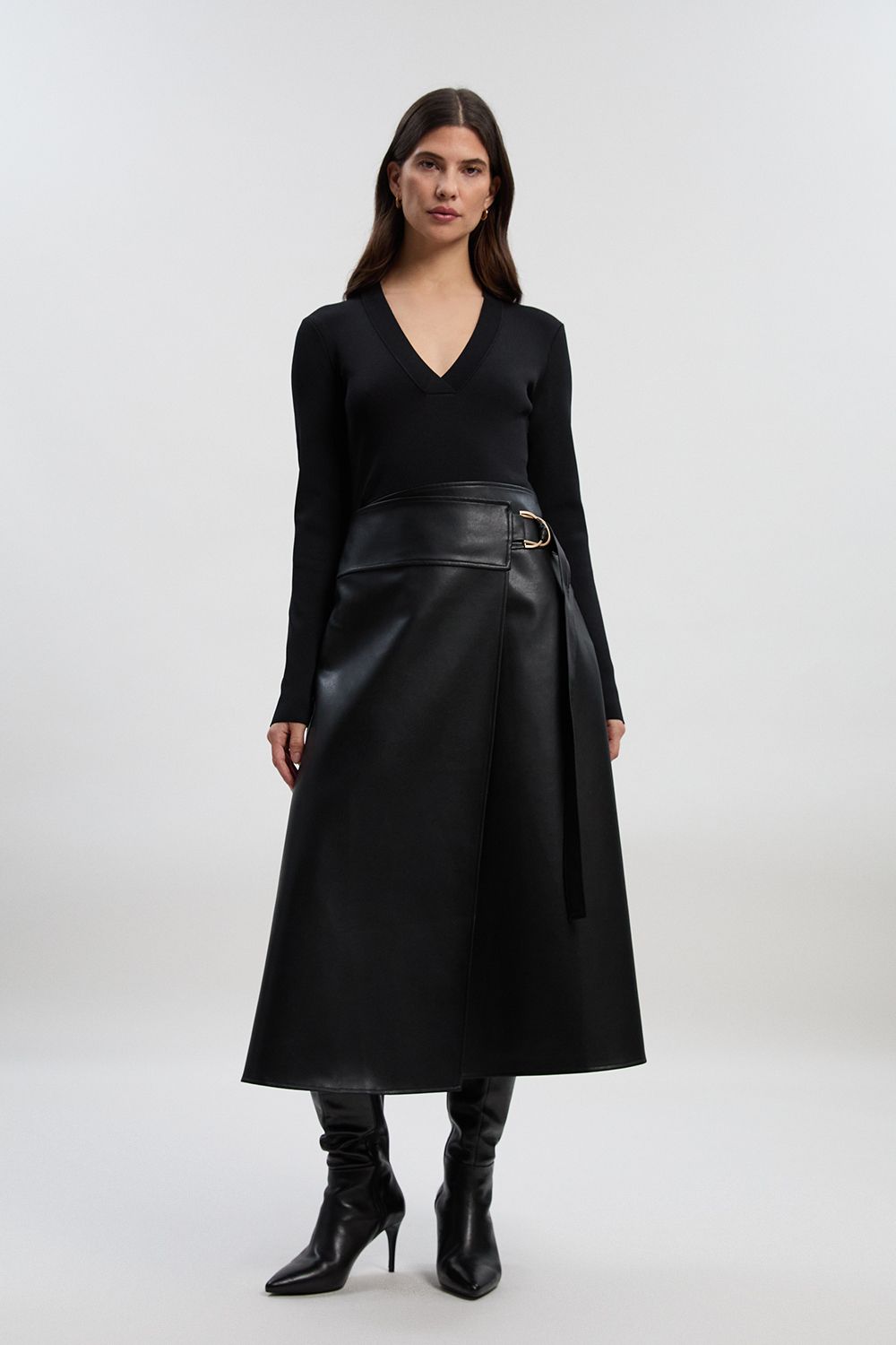 KarenMillen Figure Form Pu Mix Tab Detail Pleated Knit Midi Dress