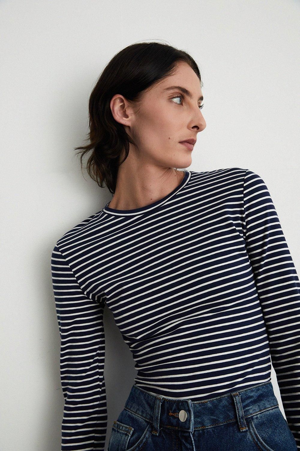 Warehouse Cotton Stripe Crew Neck Long Sleeve Top