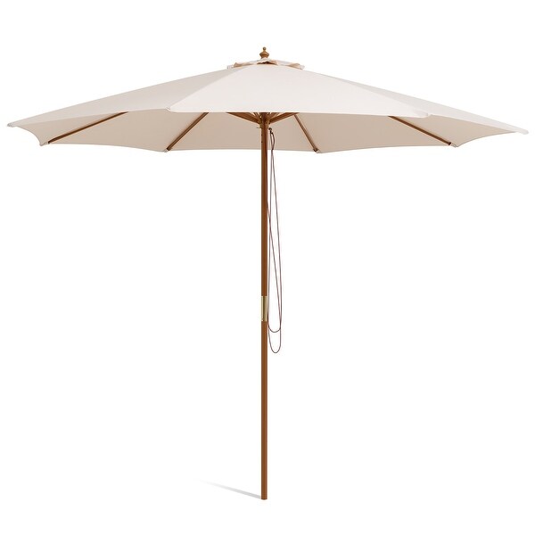 10FT Patio Wooden Market Table Umbrella Pulley w/8 Bamboo Ribs