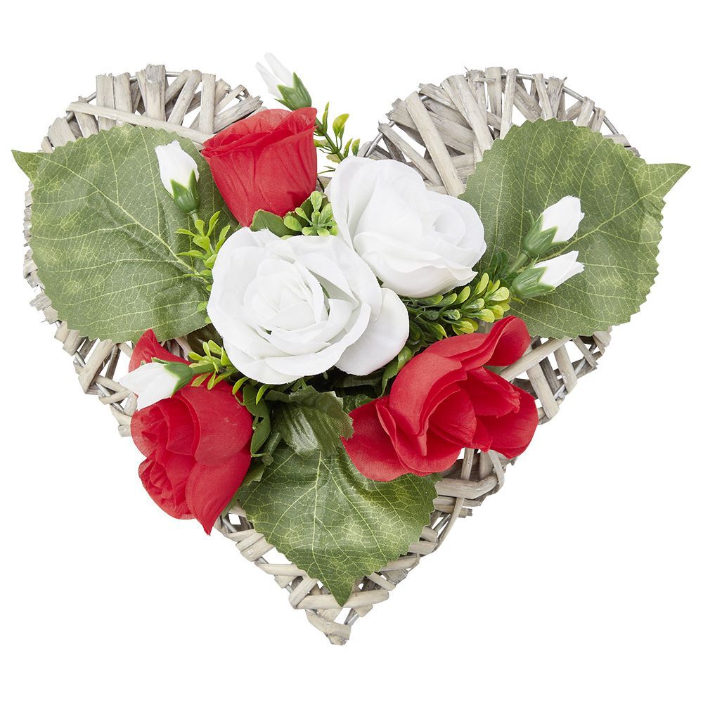 Coeur effet tressé fleur artificielle rose rouge et blanche 30x31xH16cm