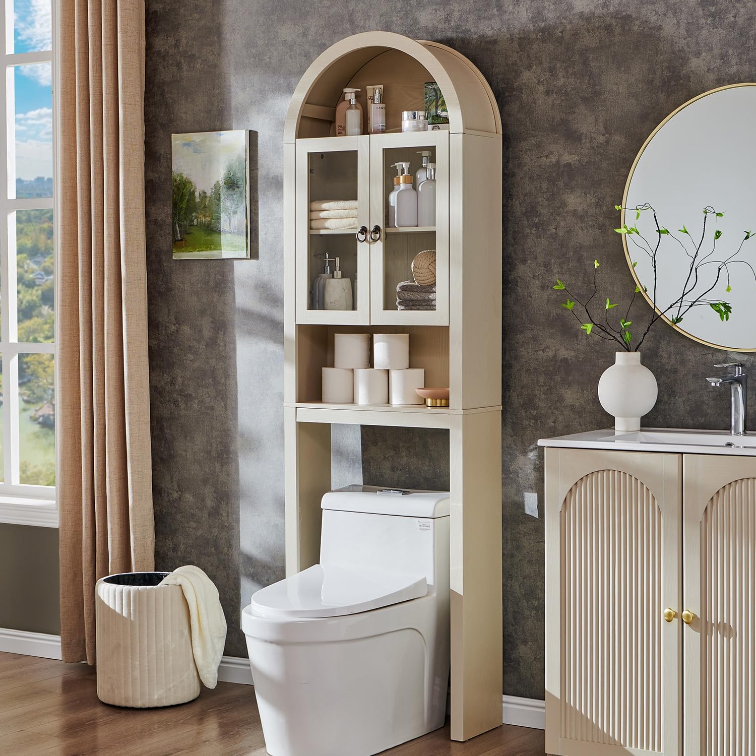 IFGET Arched Over The Toilet Storage Cabinet with Acrylic Doors, Modern Over Toilet Bathroom Organizer Shelf, Small Wooden Bathroom Storage Cabinet with Adjustable Shelf, Space Saver, Cream