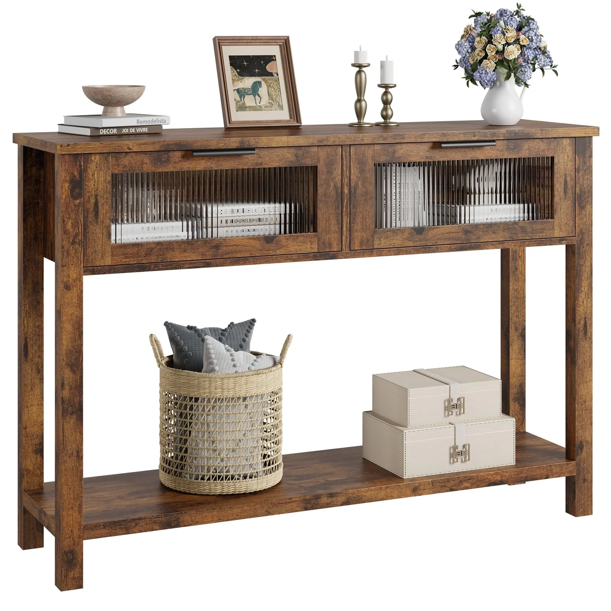 Farmhouse Console Table with 2 Glass Drawers & Shelf for Entryway Living Room