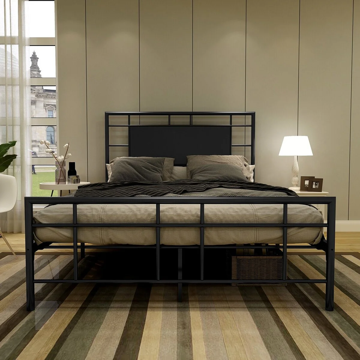 Alazyhome Modern Design Black Metal Platform Bed Frame with Headboard