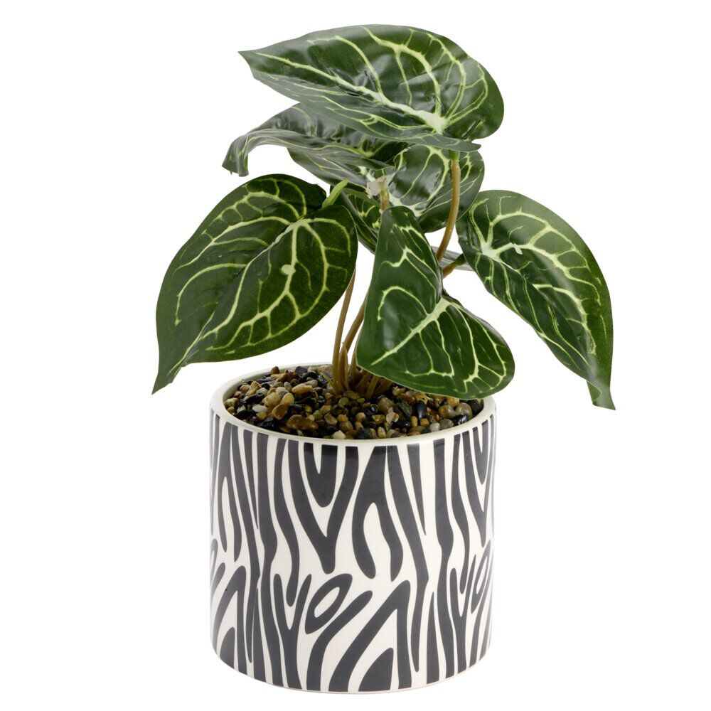 Plante verte artificielle dans pot dolomite blanc à motif noir Ø12xH24cm (2 modèles)