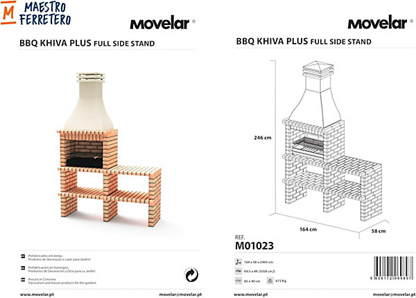 MOVELAR - Barbecue en Béton pour Bois/Charbon BBQ KHIVA PLUS avec étagère et Grille (Orange/Beige - 164x58x246cm)M01023- Extérieur