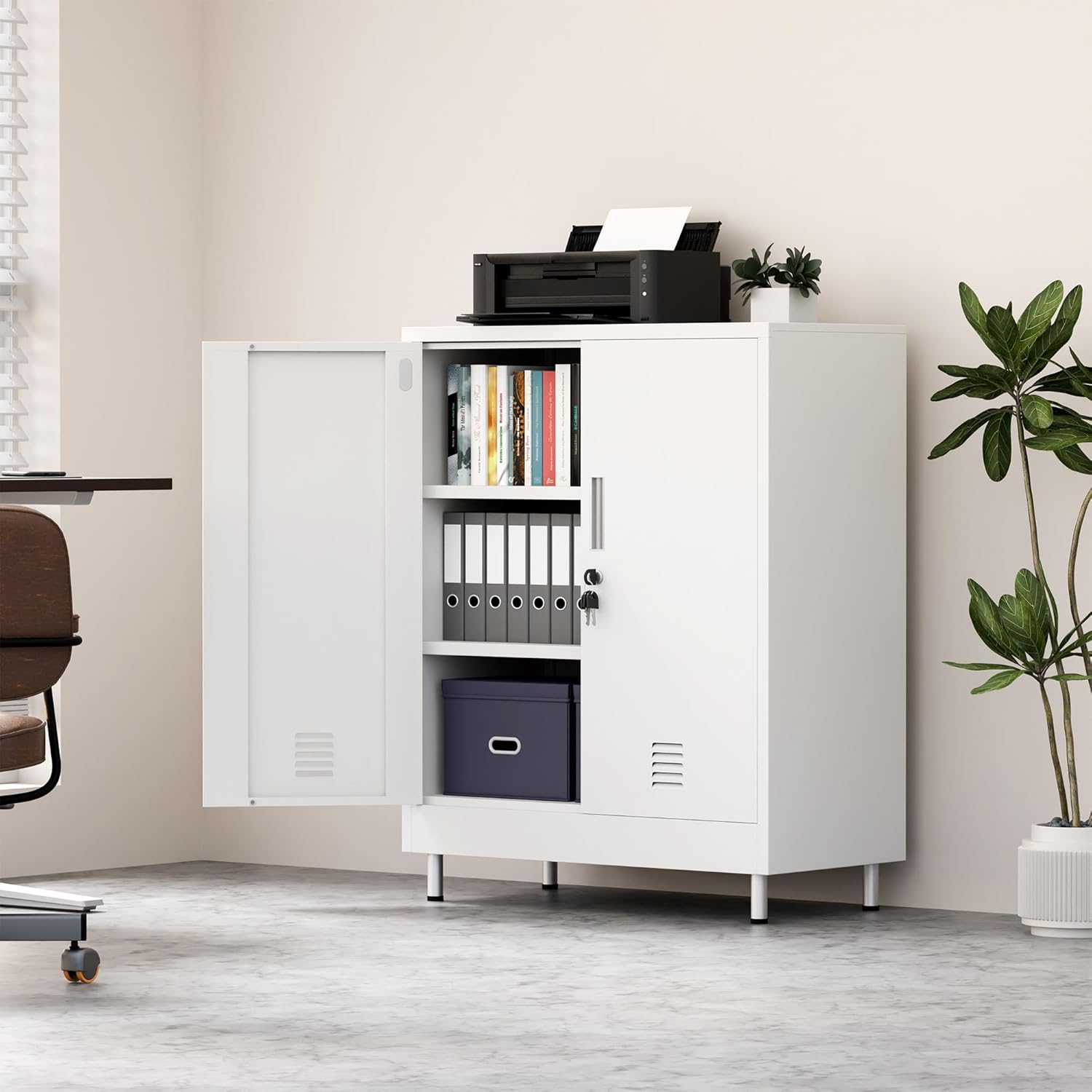 JINGUR Metal Storage Cabinet with Locking Doors and 2 Adjustable Shelves, Lockable Storage Cabinet for Home Office Garage Pantry Living Room (White)