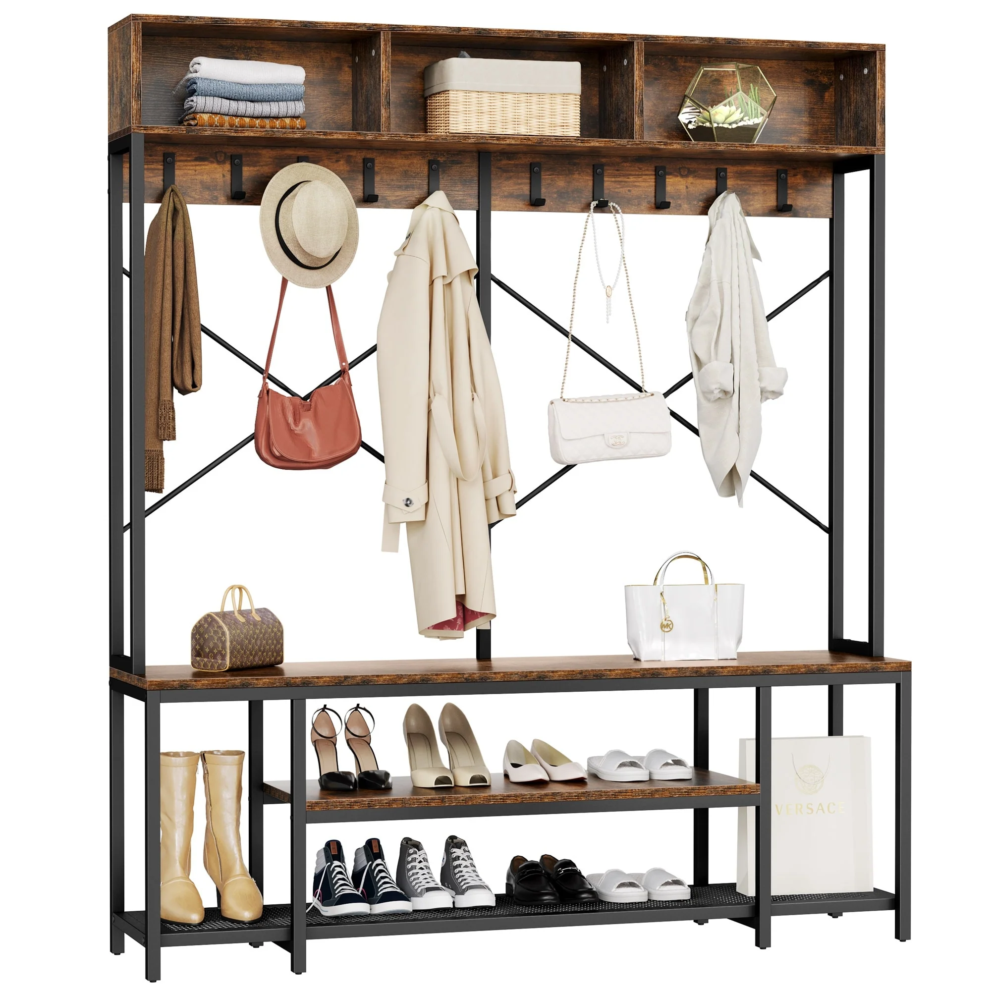 Moasis Industrial Entryway Bench with Coat Rack, 5-in-1 Hall Tree with Shoes Storage