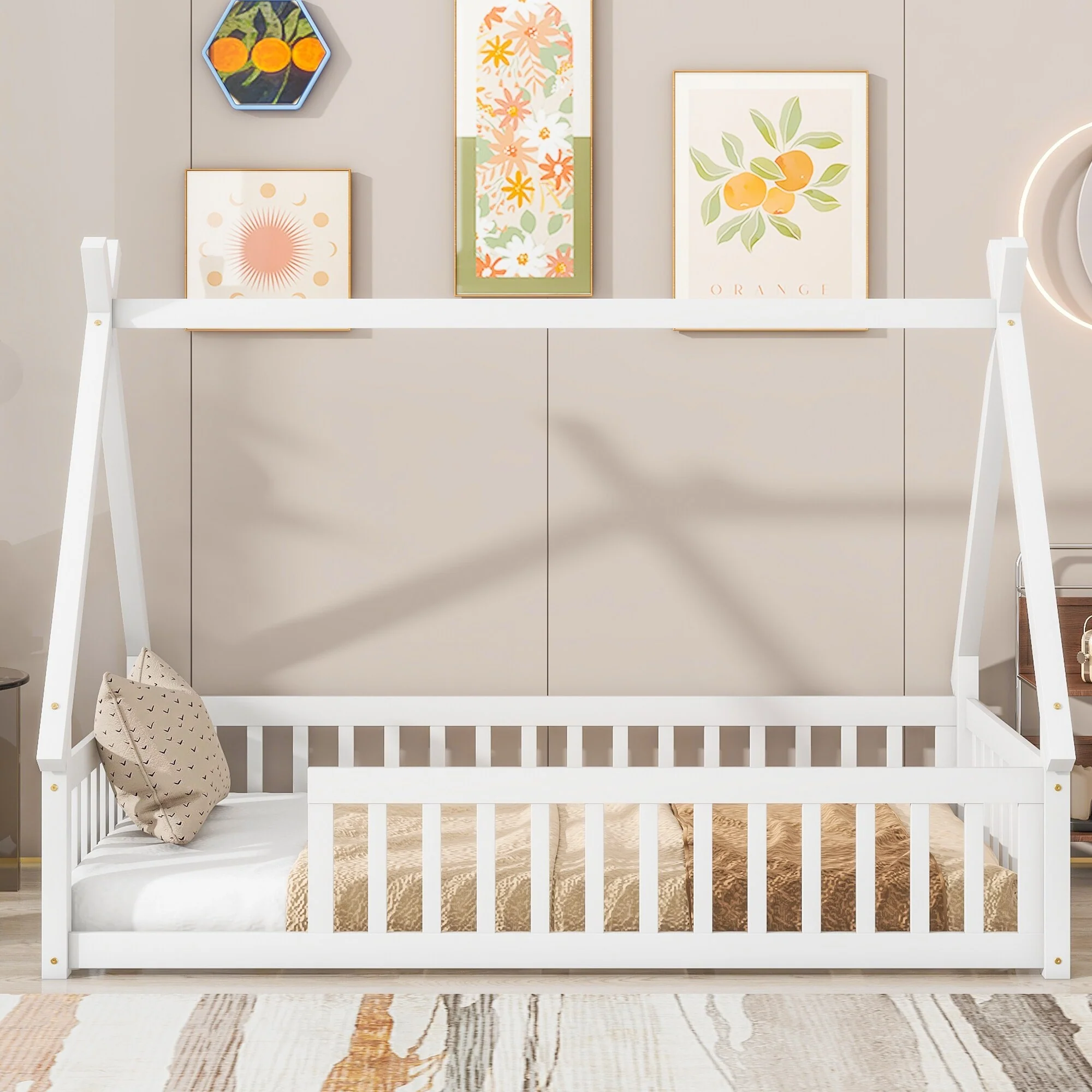 Twin Size Teepee Bed with Guardrails and Slats, Tent-Shaped Floor Bed