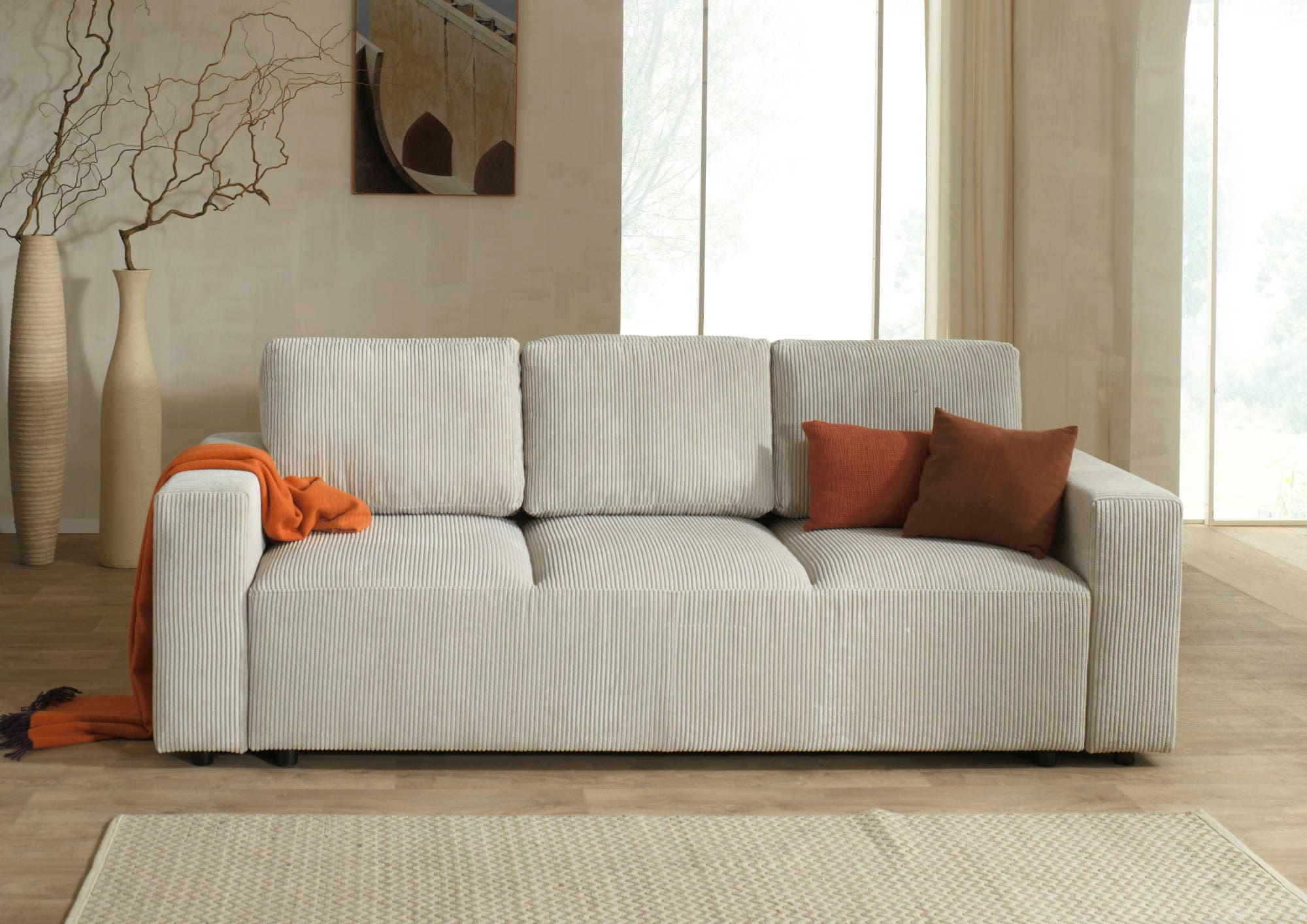 LIVY - Canapé droit convertible 3 places en velours côtelé beige