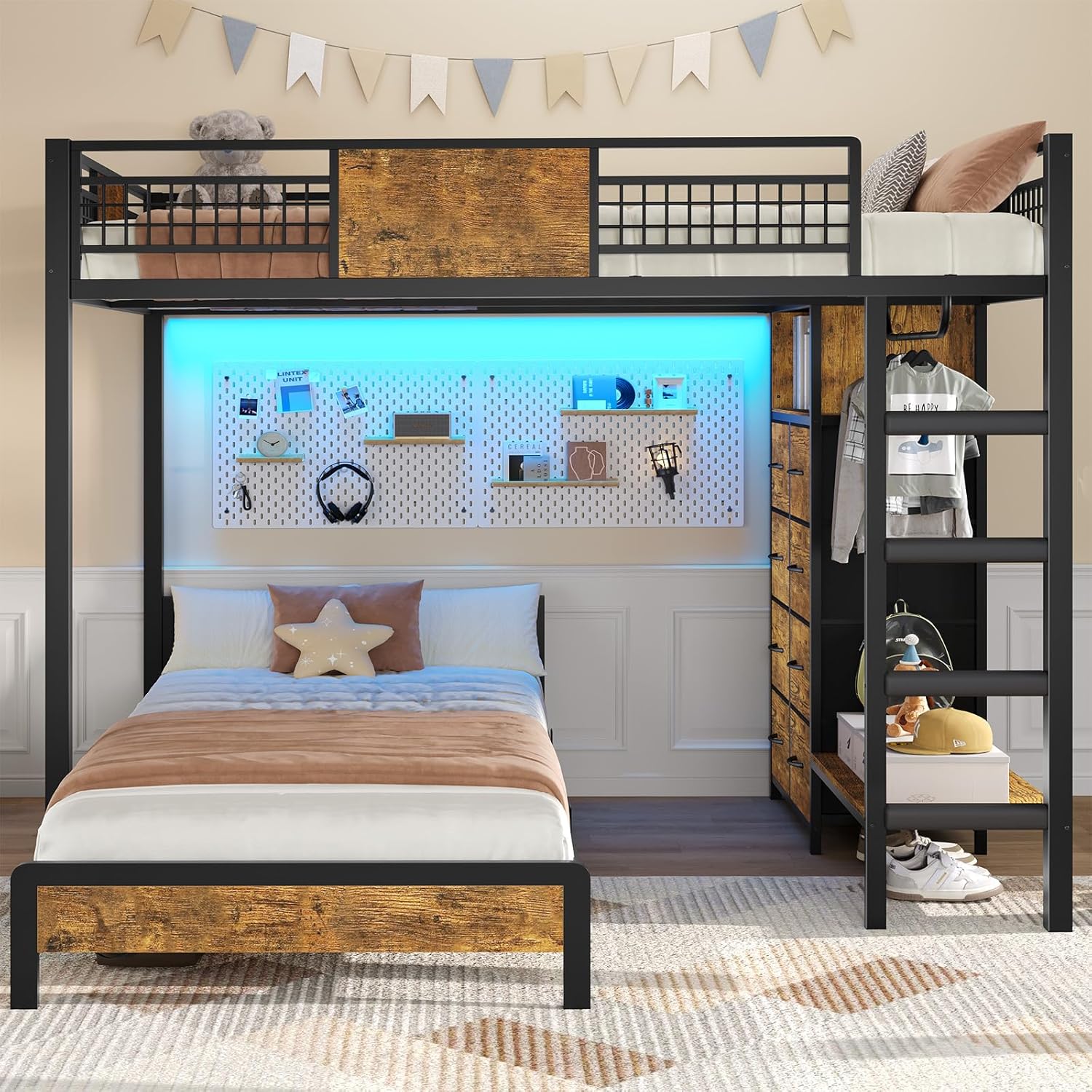 ADORNEVE Full Over Twin Bunk Bed with 8 Storage Drawers, Metal Loft Bed with Led Lights & Storage Shelves, Bunk Beds Twin over Full Size with 13.4 H Safety Guardrail & Ladder, for Kids & Teens, Black