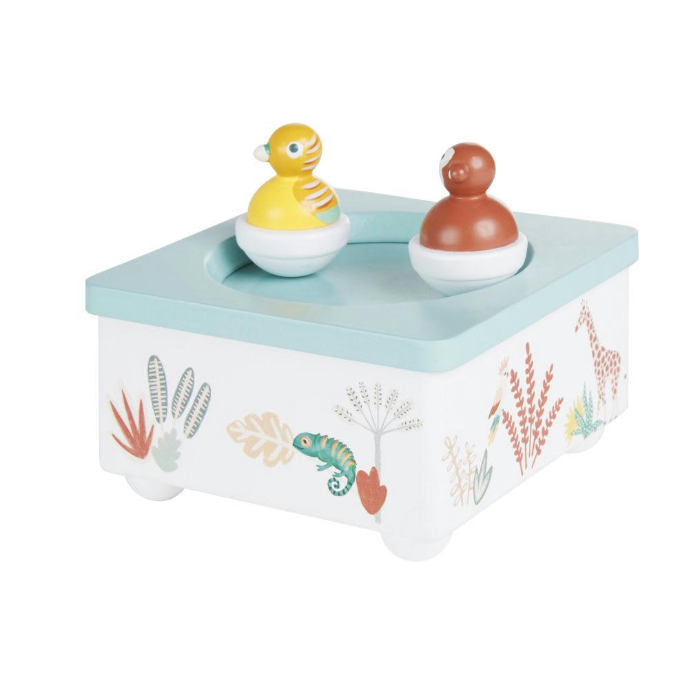 - Boîte à musique animaux bleue, blanche, jaune et marron