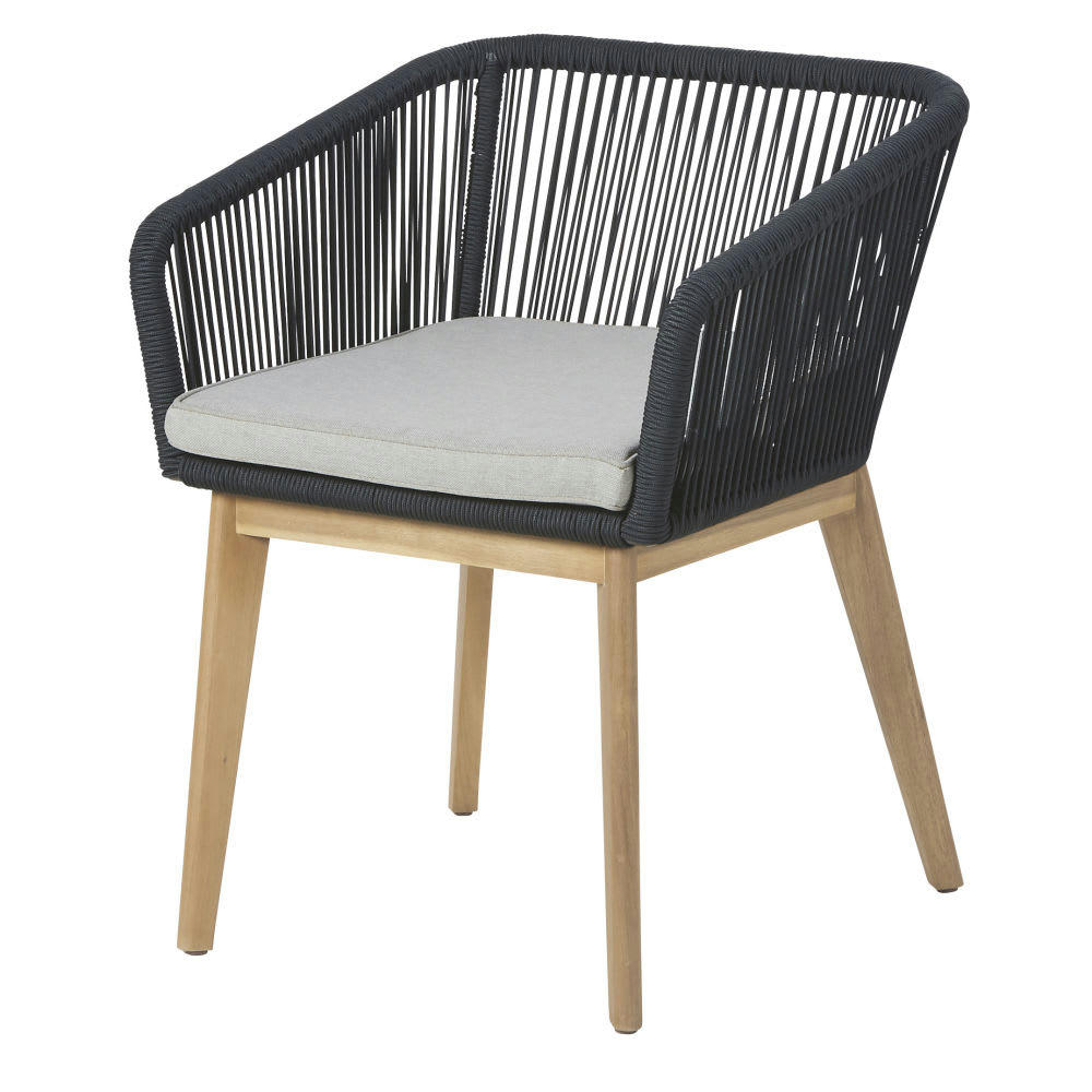 Costa Rica - Fauteuil à dîner de jardin en corde tressée anthracite et toile gris clair