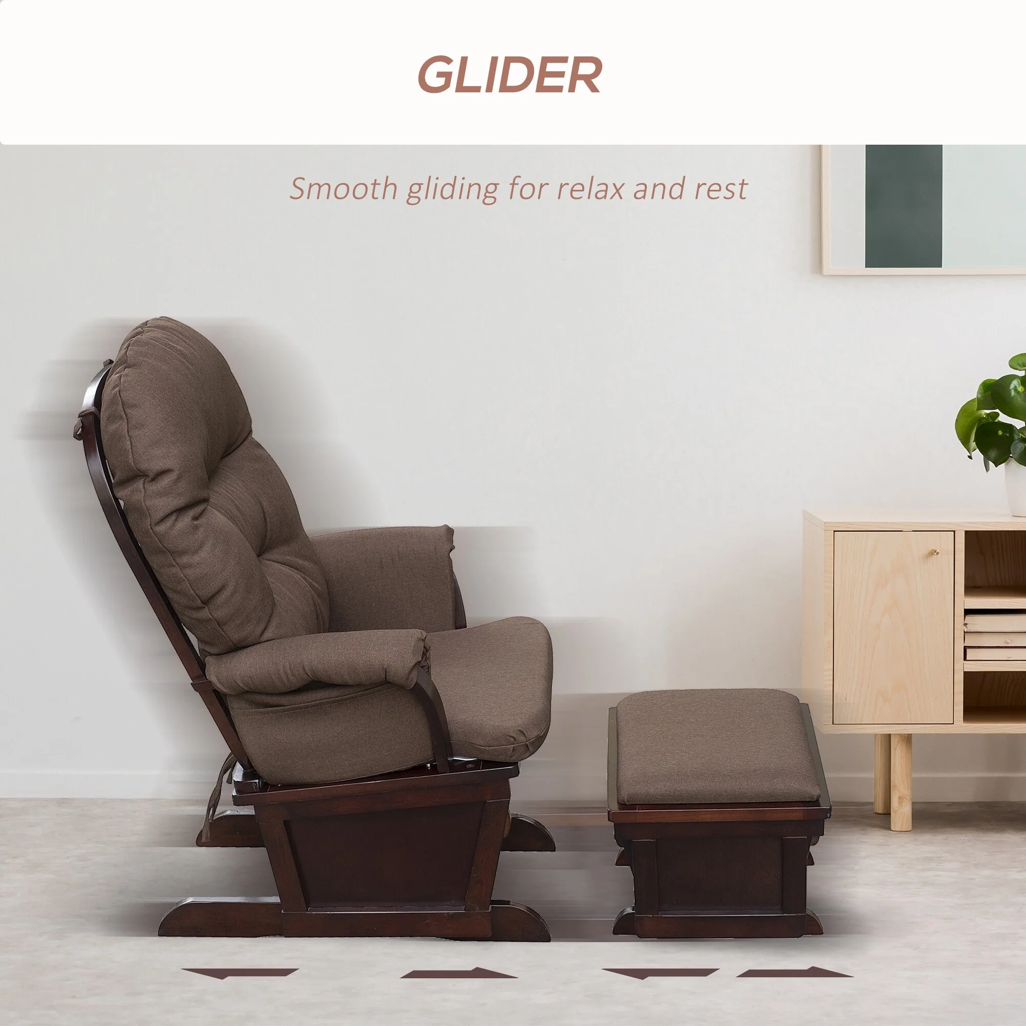 Polyester Nursery Glider Rocker with Ottoman - Brown Wood Base and Thick Padded Seat