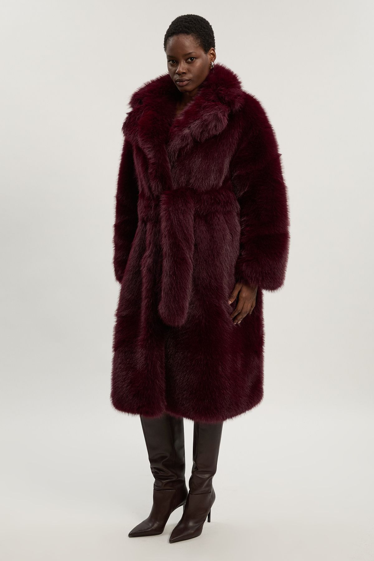 KarenMillen Textured Faux Fur Belted Long Full collar Coat