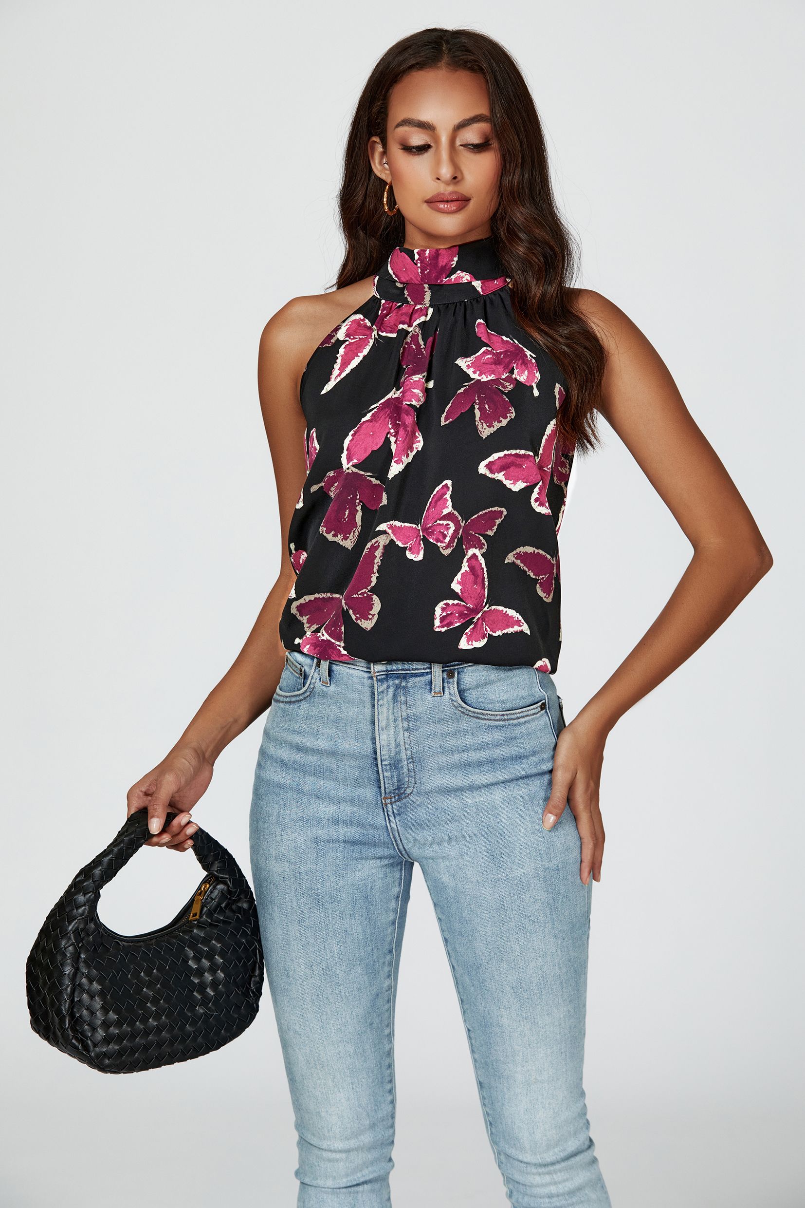 FS Collection Butterfly Print Halter Neck Tie Back Top In Black